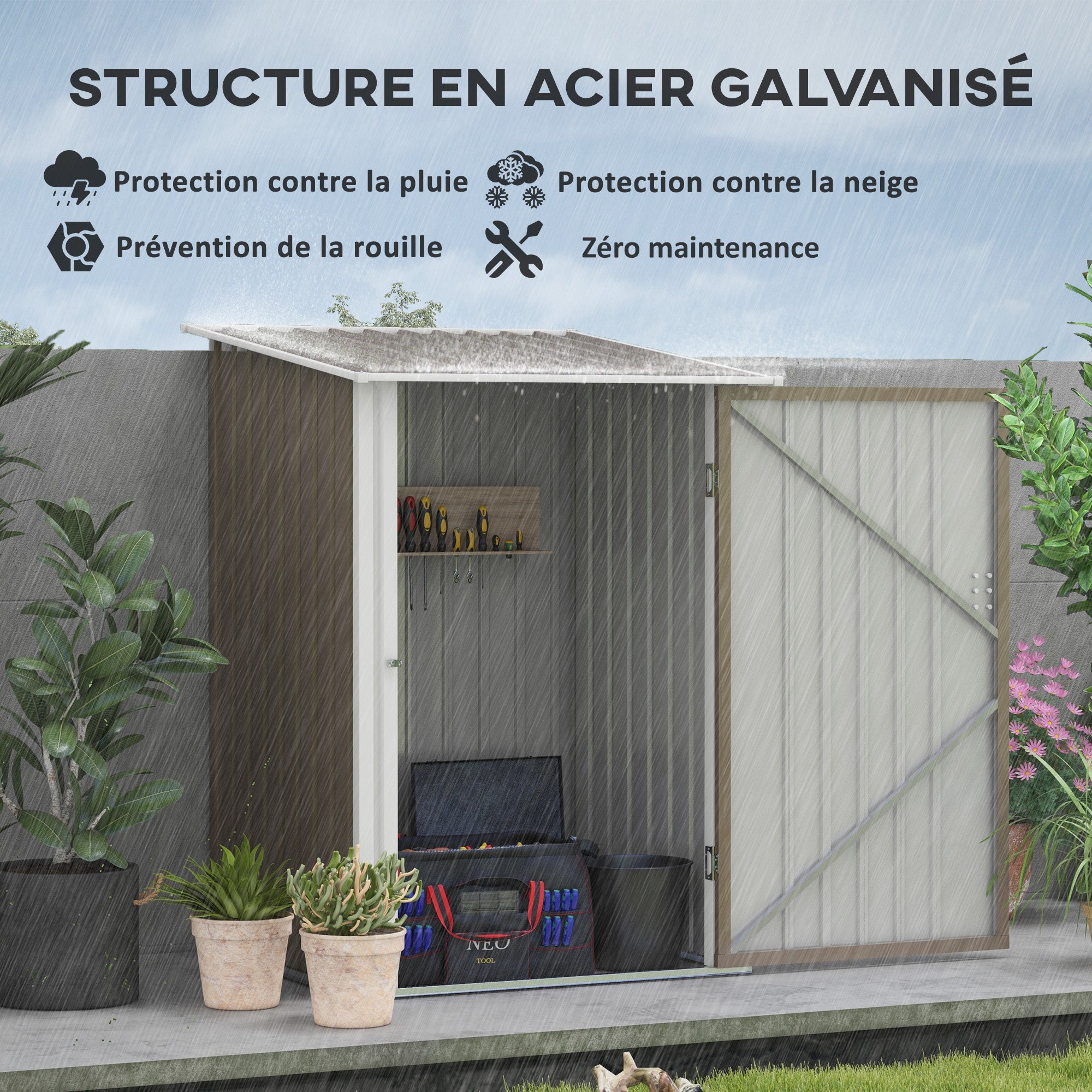 Garden Shed 1m? - Tool Storage - Lockable shed door - dim. 1L x 1.03W x 1.6H m - corrugated brown and white steel sheet