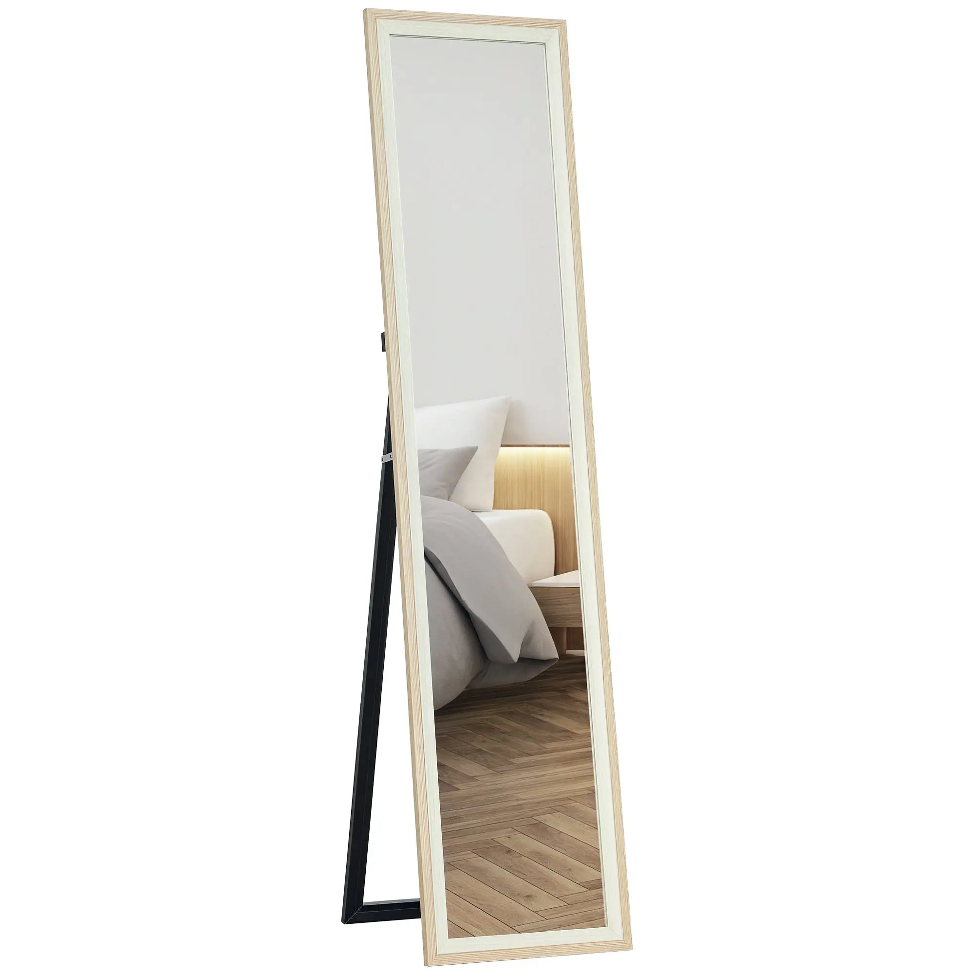 Full Length Mirror 157x37 cm Floor Standing or Wall Mounted Mirror with MDF Frame and Stand for Living Room Bedroom White and Natural