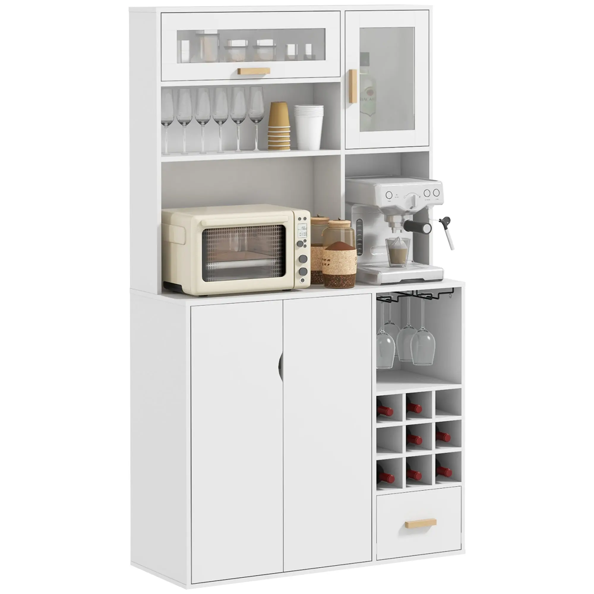 Tall Pantry Cabinet with Wine Rack, 3 Cabinets, 4 Shelves, and Drawer, Modern Pantry in Chipboard and Pine Wood, 100x38x172 cm, White