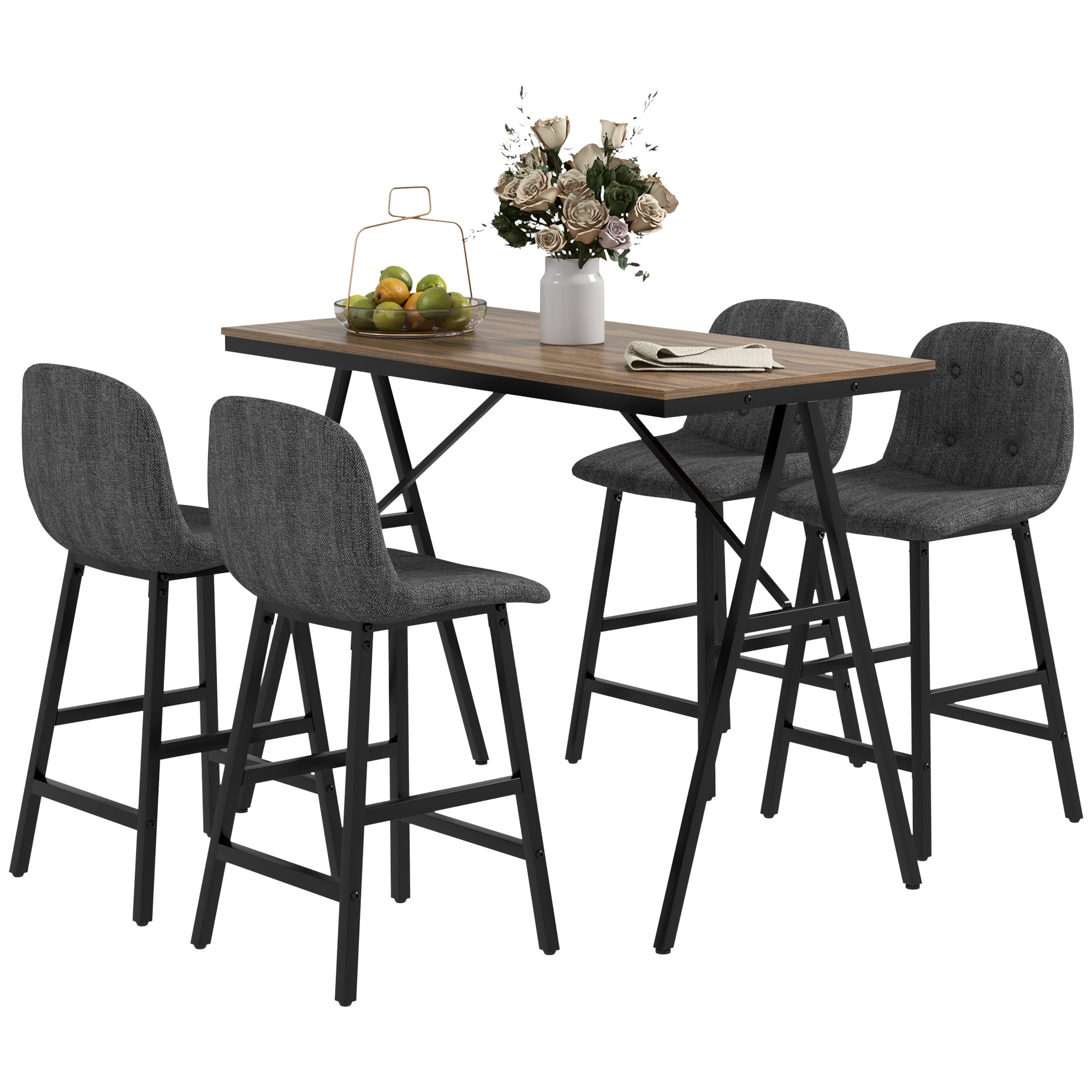 HOMCOM Bartisch mit Barhocker Set, 5-teilige Essgruppe, Küchentisch, Bistrotisch mit 4 Stühlen, Bartisch Set für Küche, Wohnzimmer, Stahl, Dunkelgrau, 120 x 60 x 91 cm