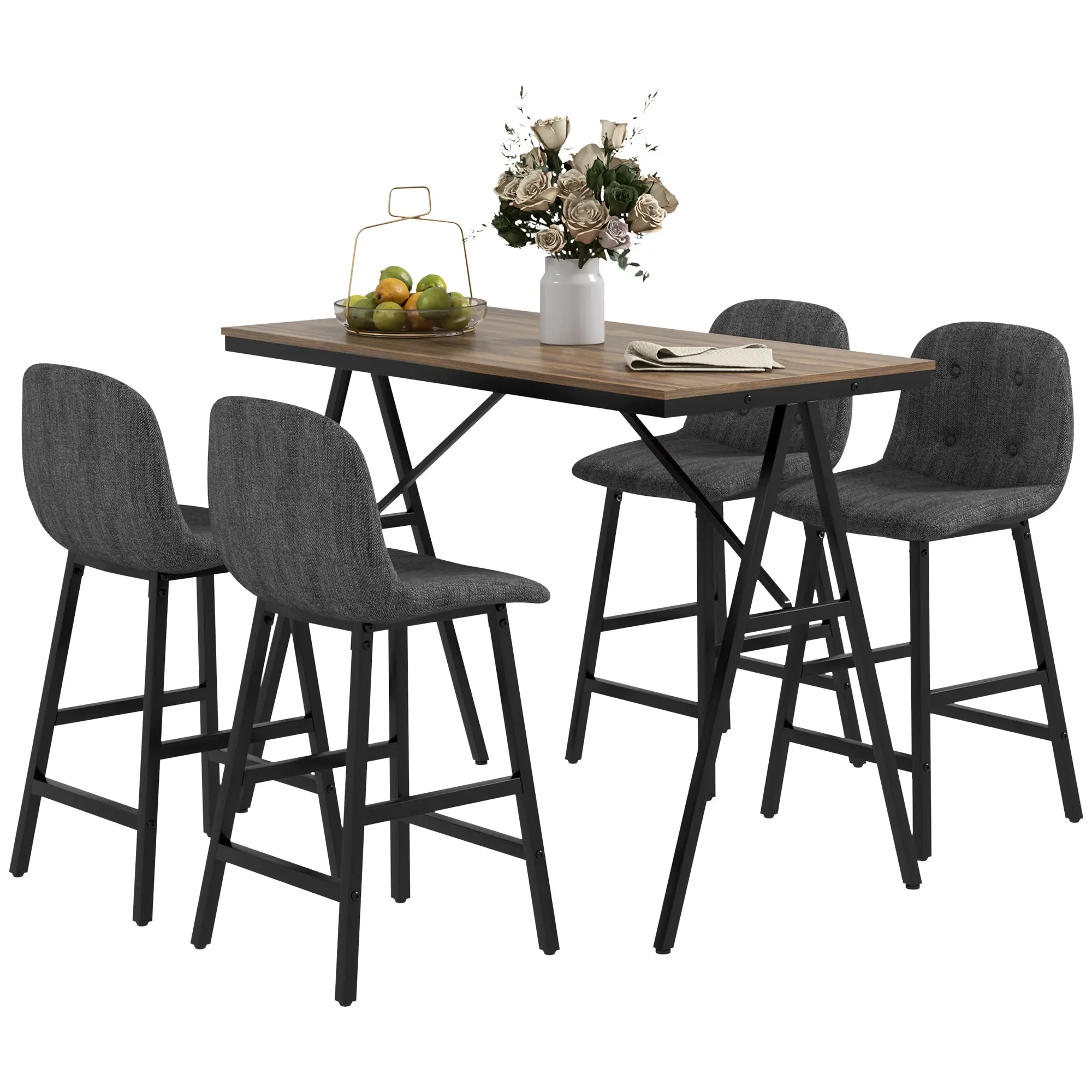 Bar Table with Bar Stool Set, 5-Piece Dining Group, Kitchen Table, Bistro Table with 4 Chairs, Bar Table Set for Kitchen, Living Room, Steel, Dark Gray, 120 x 60 x 91 cm