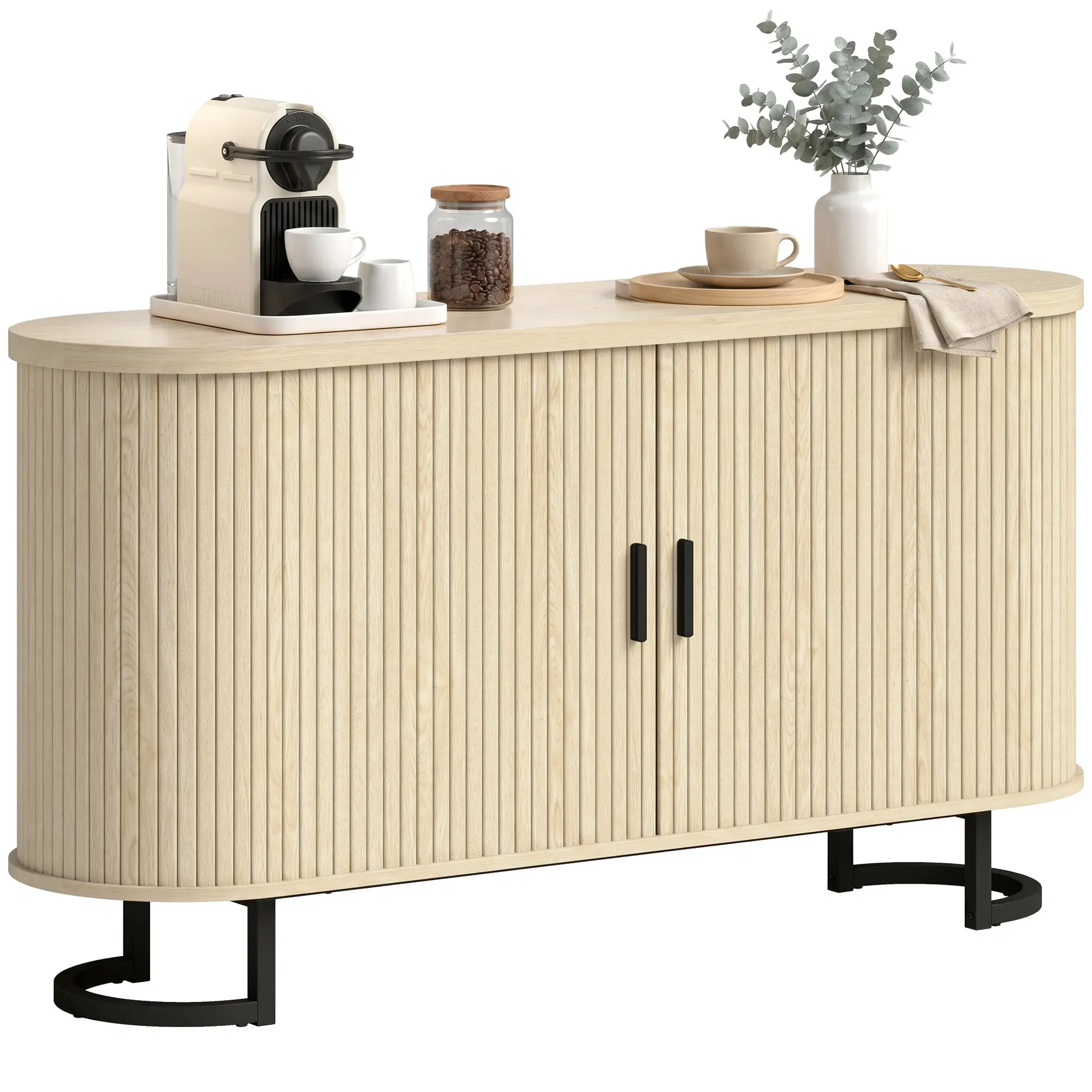 Oval Sideboard, Sliding Grooved Doors & Adjustable Shelves — TV Stand for TVs up to 60 in, Natural Wood, 55 x 16 x 29.5 in