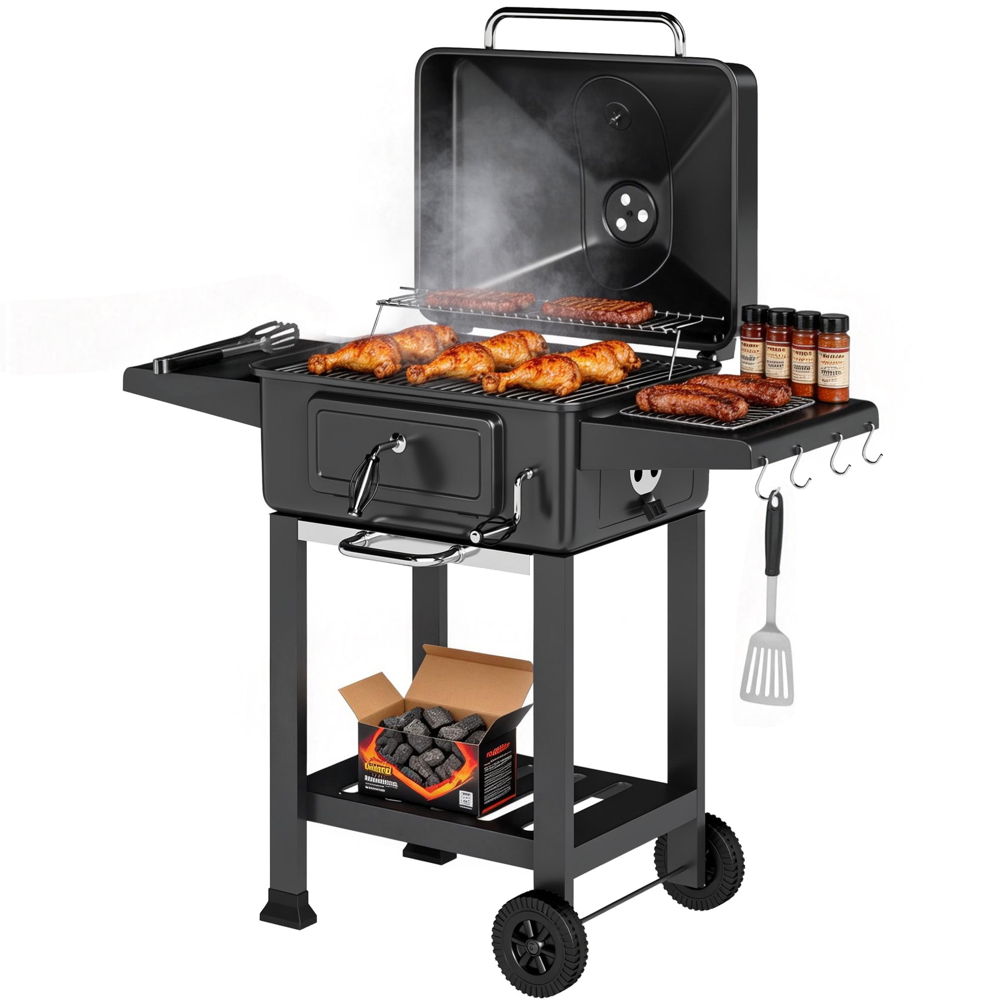 XXL Charcoal Grill with Lid — 44" Garden Grill Cart with Adjustable Vents, Ash Bin & Thermometer, Black