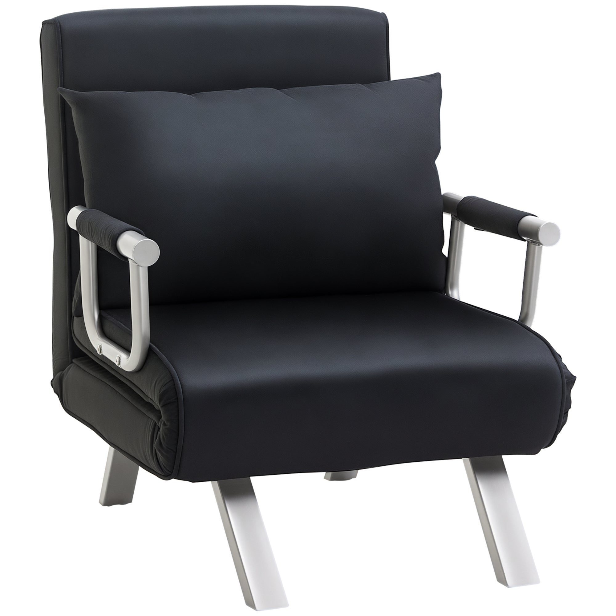 HOMCOM Schlafsofa mit verstellbarem Rückenlehne, Kissen, Schlafsofa-Funktion, Samt-Optik, Armlehnen, Gästebett, Klappstuhl für Wohnzimmer, Schlafzimmer, Schwarz