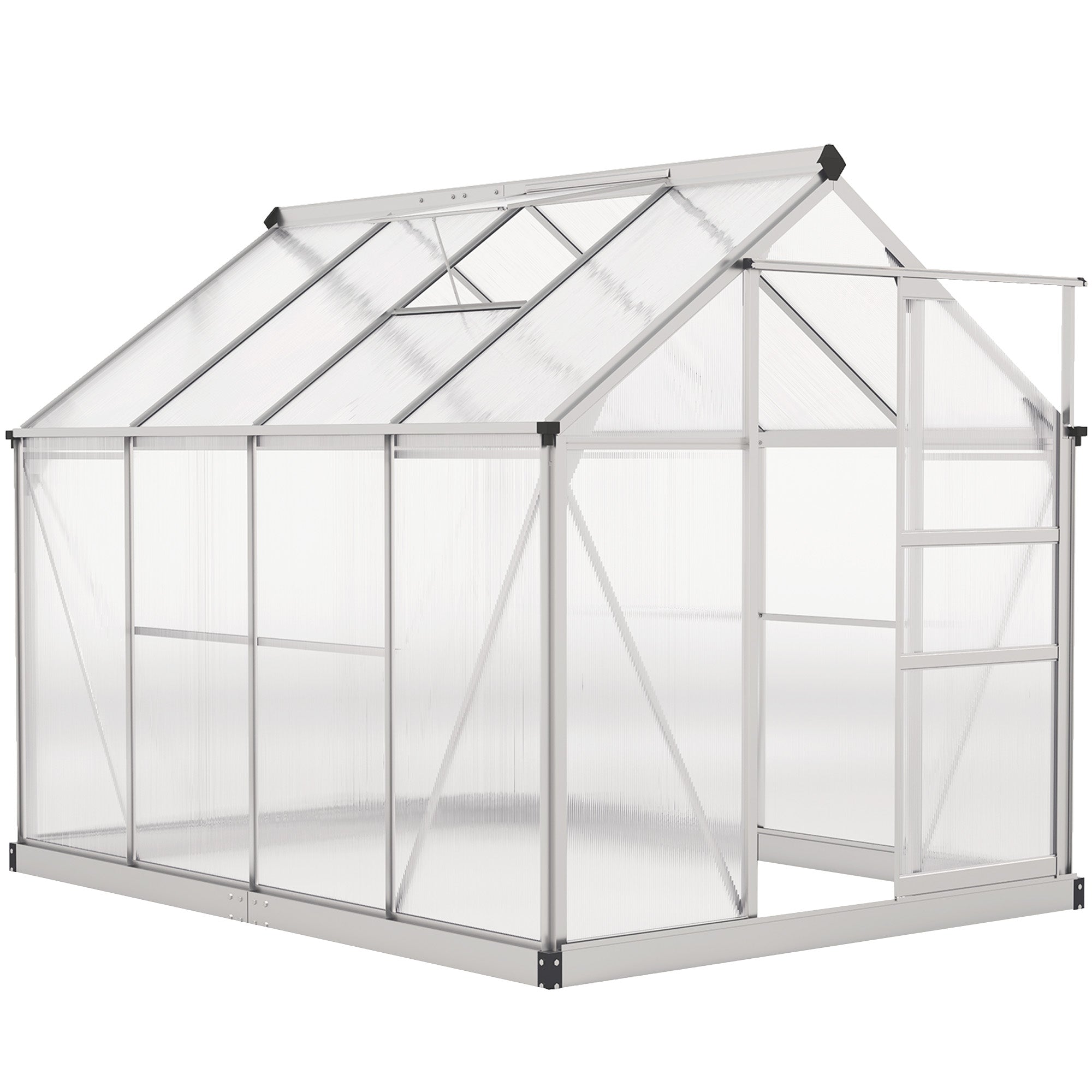 Aluminum Greenhouse, 51.6 sq ft (190 x 252 x 201 cm / 6'3" x 8'3" x 6'7"), Foundation Base, Roof Vent, Sliding Door, 4 mm UV-Resistant Panels – Garden Greenhouse for Tomatoes & Seedlings
