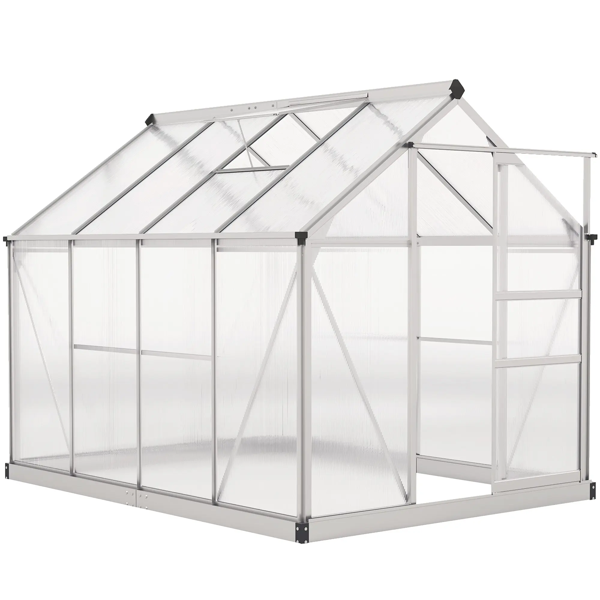 Aluminum Greenhouse, 51.6 sq ft (190 x 252 x 201 cm / 6'3" x 8'3" x 6'7"), Foundation Base, Roof Vent, Sliding Door, 4 mm UV-Resistant Panels – Garden Greenhouse for Tomatoes & Seedlings