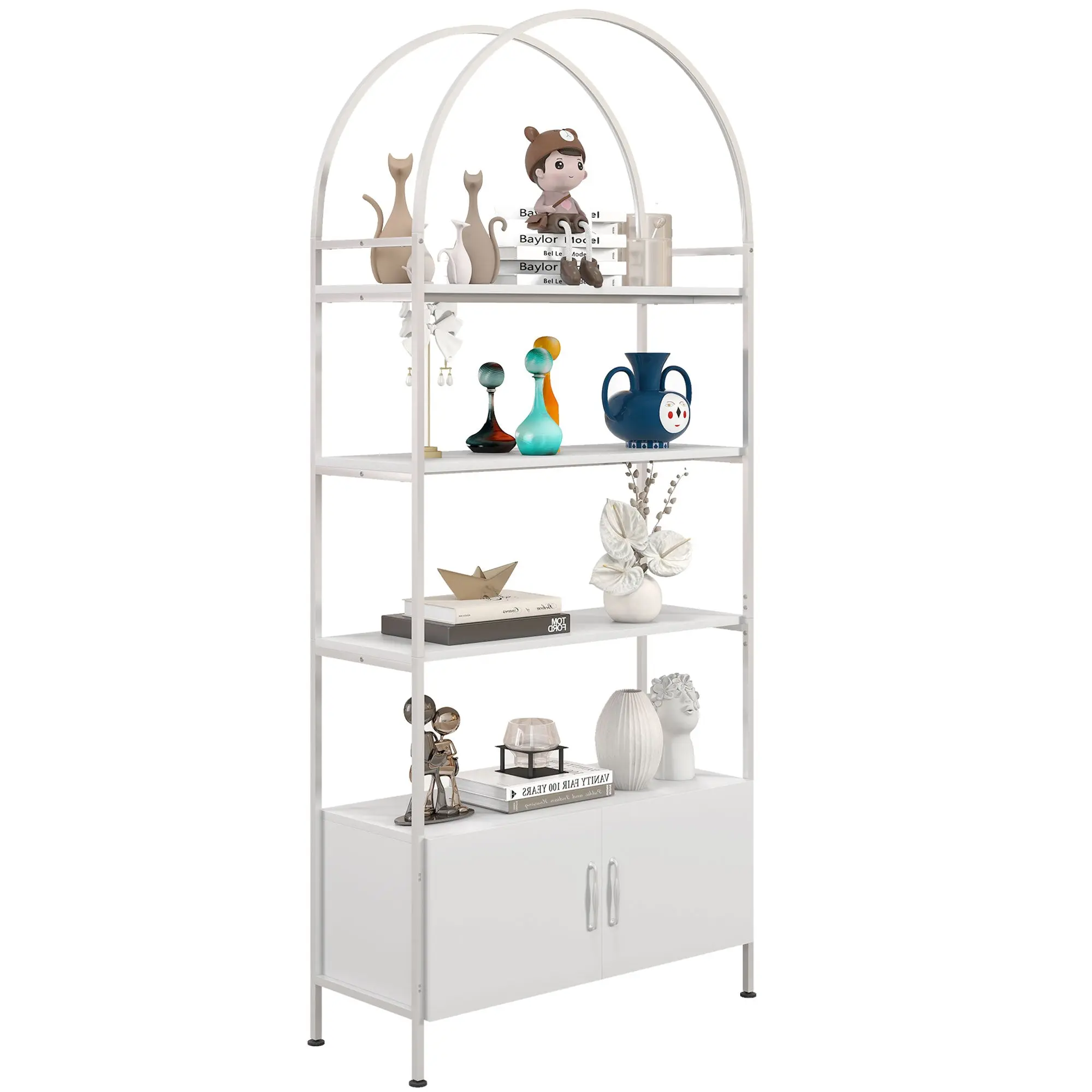 4-Tier Arched Storage Shelf with Double-Door Cabinet, Adjustable Feet, Steel Frame, for Office, Living Room, Bedroom — 80 x 30 x 187 cm (31.5 x 11.8 x 73.6 in), White