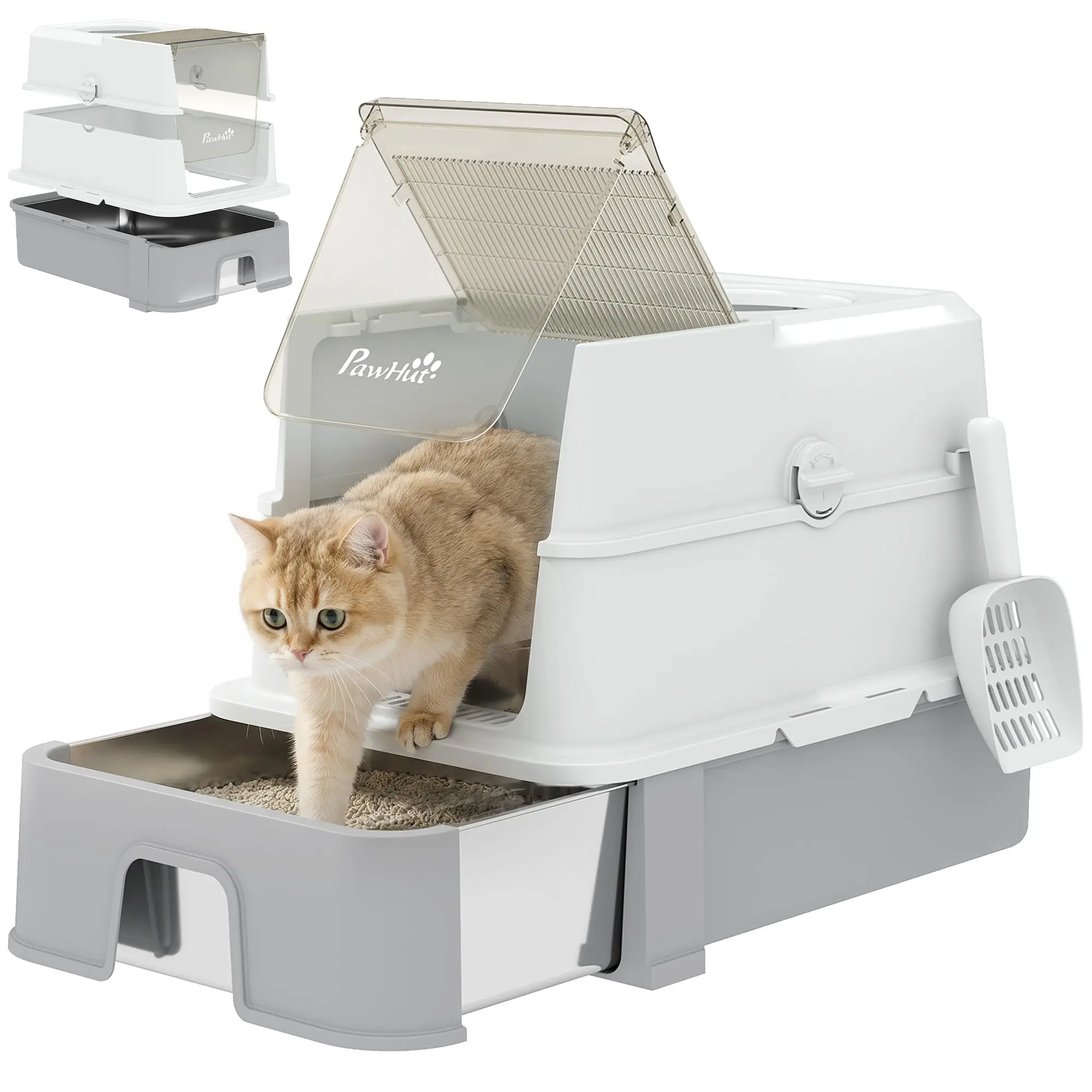 Covered Cat Litter Box with Removable Lid – Deep Slide-Out Stainless Steel Tray, Scoop, 2 Carbon Filters & Pedal, Gray/White