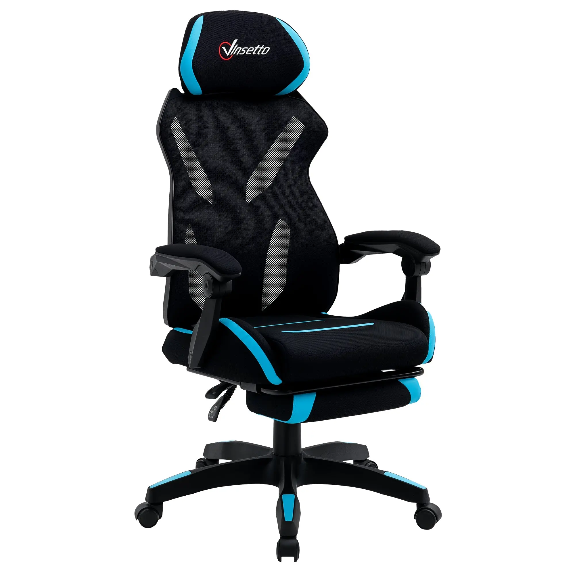 Gaming Chair with Lumbar Support, Ergonomic Office Chair with Adjustable Height in Black and Blue Fabric, 65x65x119-129cm