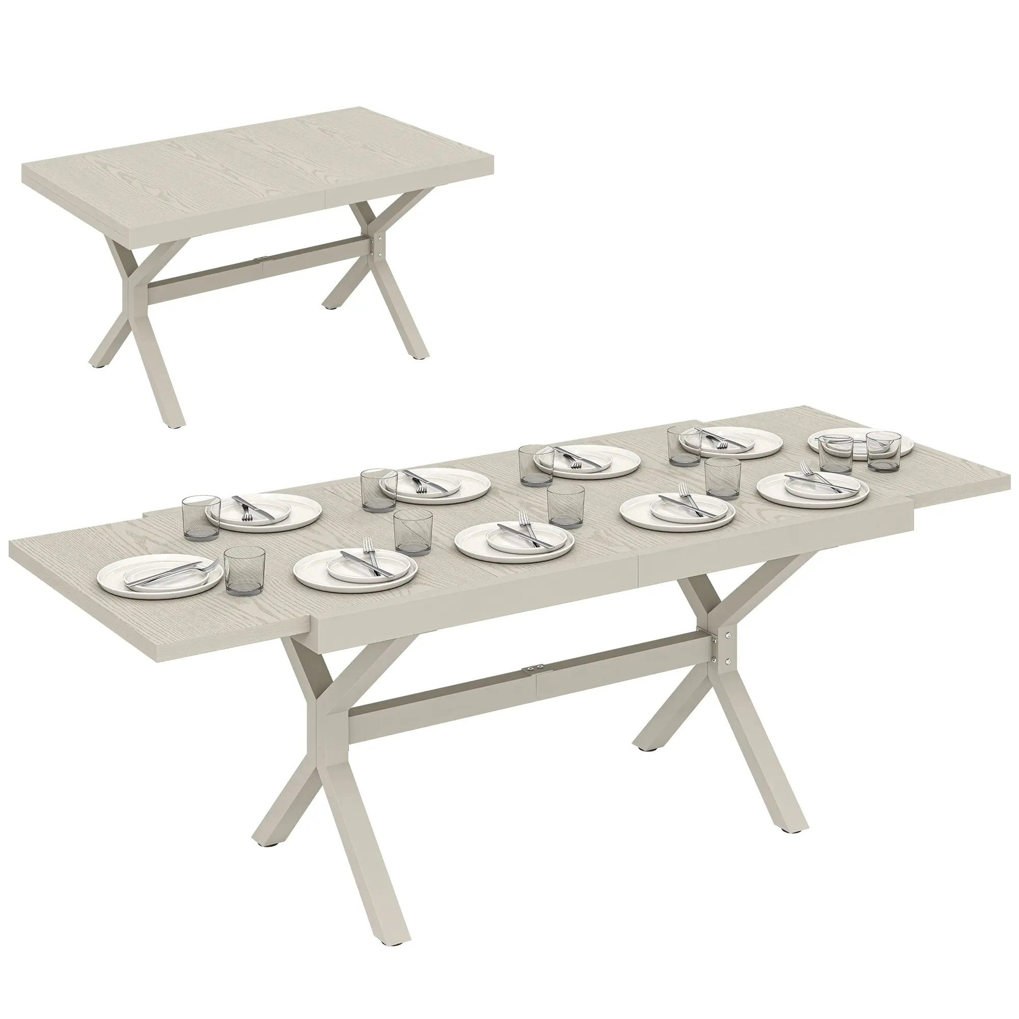 Extendable Outdoor Dining Table for 8–10 — 154/214 x 85 x 73 cm (60.6/84.3" x 33.5" x 28.7") — Wood-Effect Aluminum Top, X-Leg Steel Frame, Silver