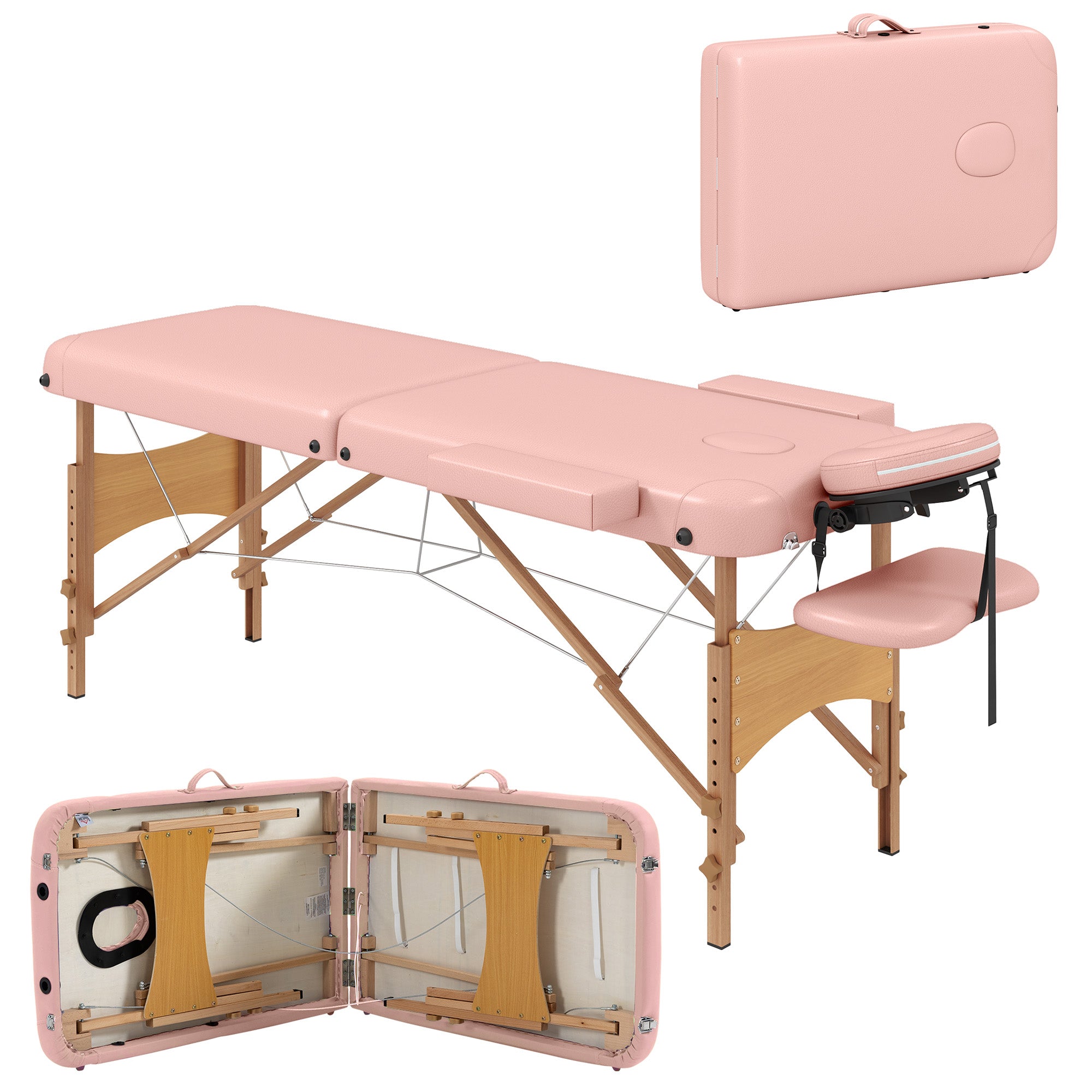 Table de Massage Pliable HOMCOM 210x81 cm Lit de Beauté Professionnel avec Têtière Amovible 2 Zones Poignée et Cadre en Bois avec Hauteur Réglable et Sac de Transport Rose