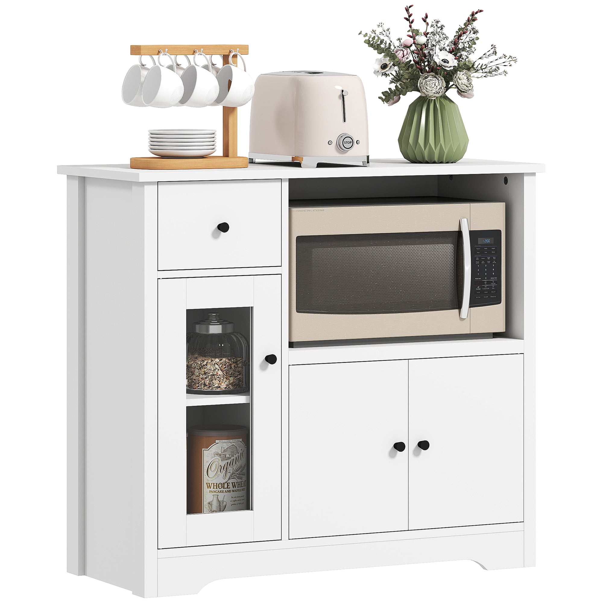 Kitchen Cabinet Sideboard with Microwave Shelf Microwave Cabinet with 3 Doors, Drawer, Adjustable Shelves, Storage Cabinet for Kitchen, Dining Room, Living Room, White