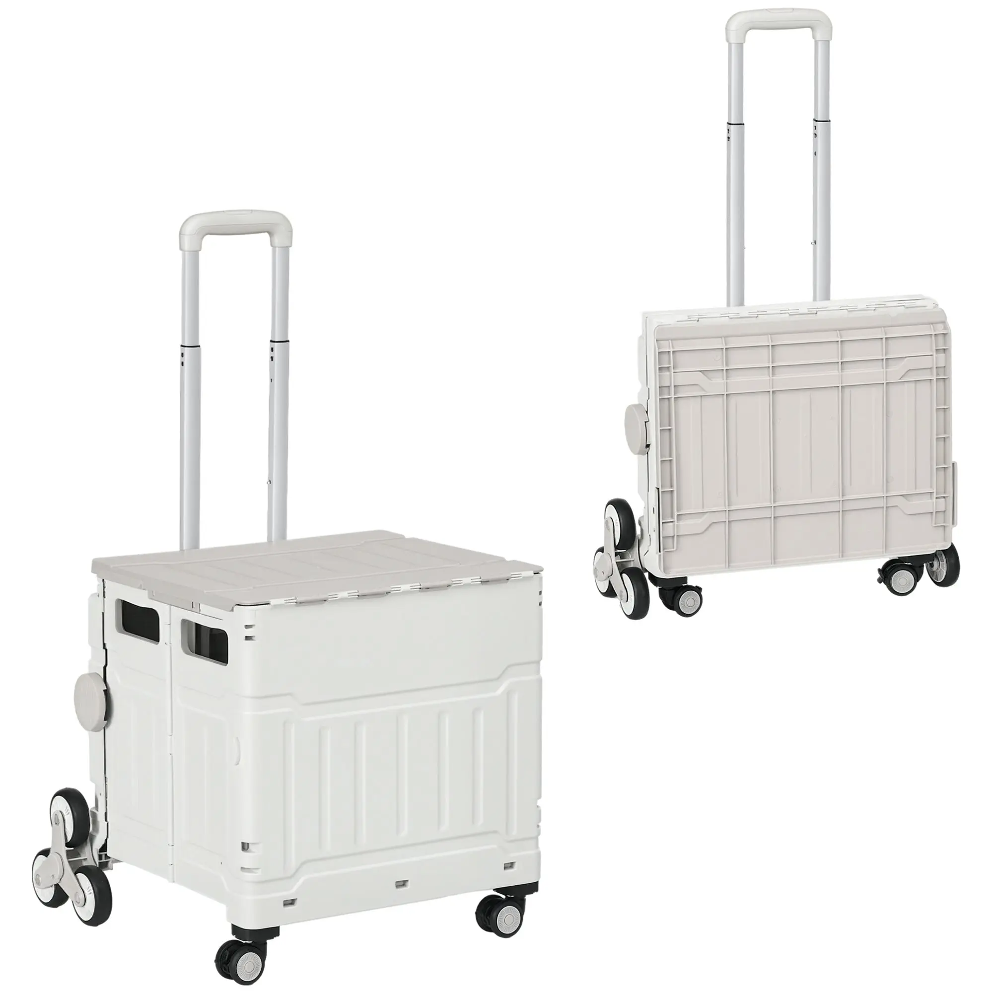 Folding Shopping Cart, Shopping Trolley with Adjustable Telescopic Handle, Stair Climber with Lid, Transport Trolley up to 80 kg Capacity, White
