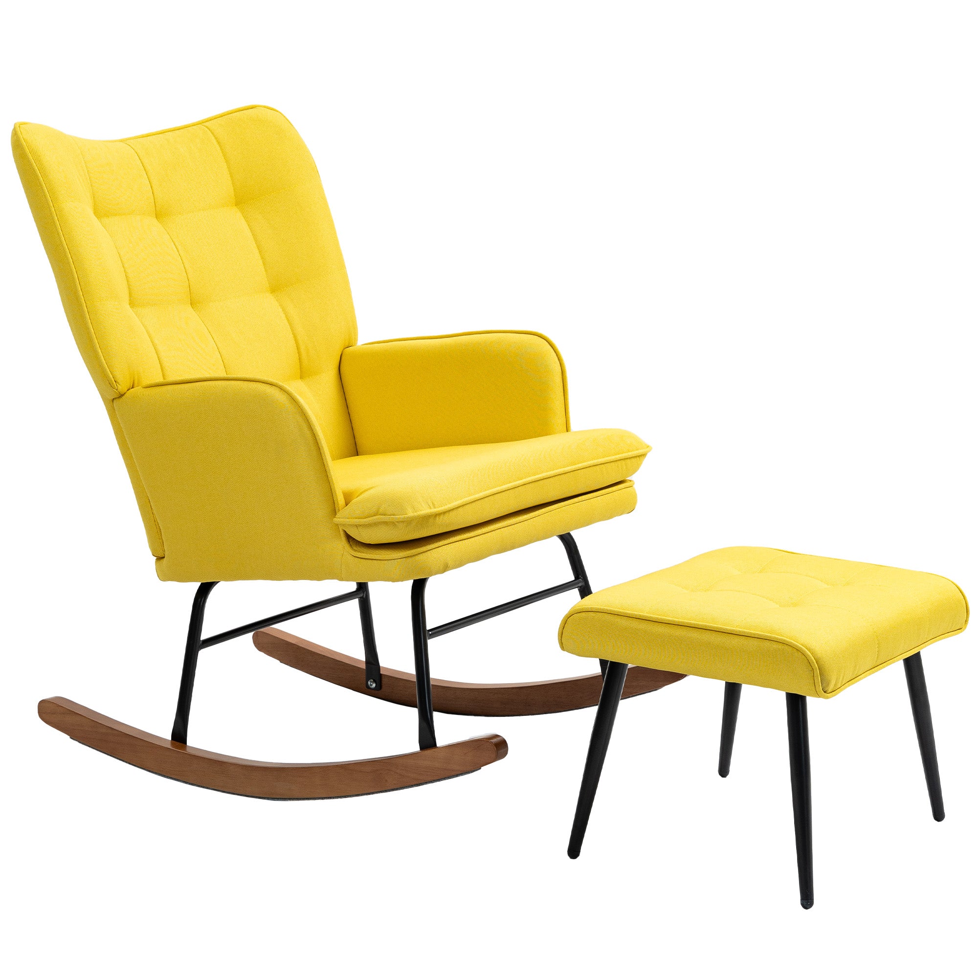 Rocking Armchair with Ottoman, Linen-Look Upholstery, Yellow — Up to 130 kg