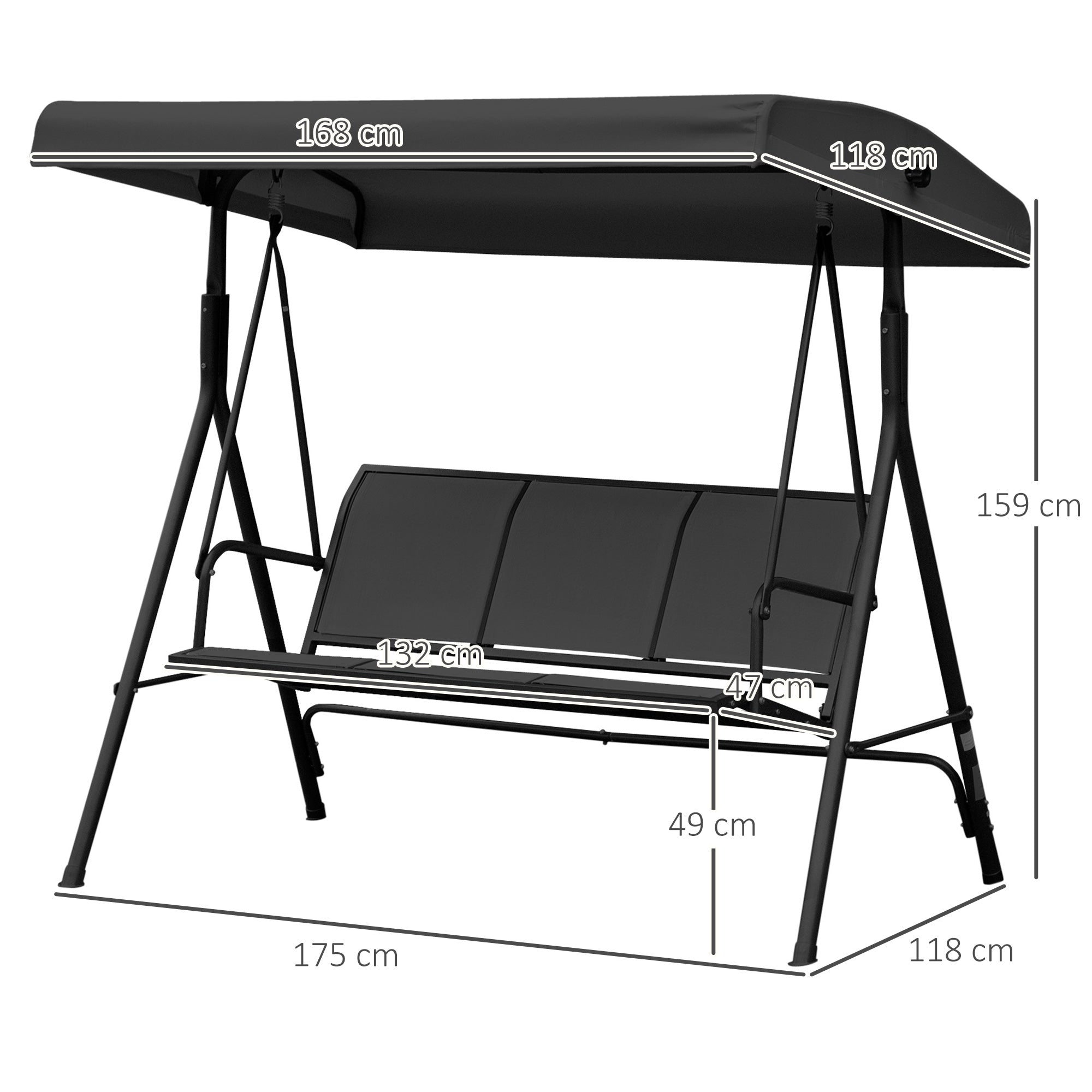 Outsunny 3-kohaline Grand Confort Aia Kiik Kohandatav Päikesevarju Ergonomiline Istme ja Seljatugi Epoksüvaik Teras Textilene Must