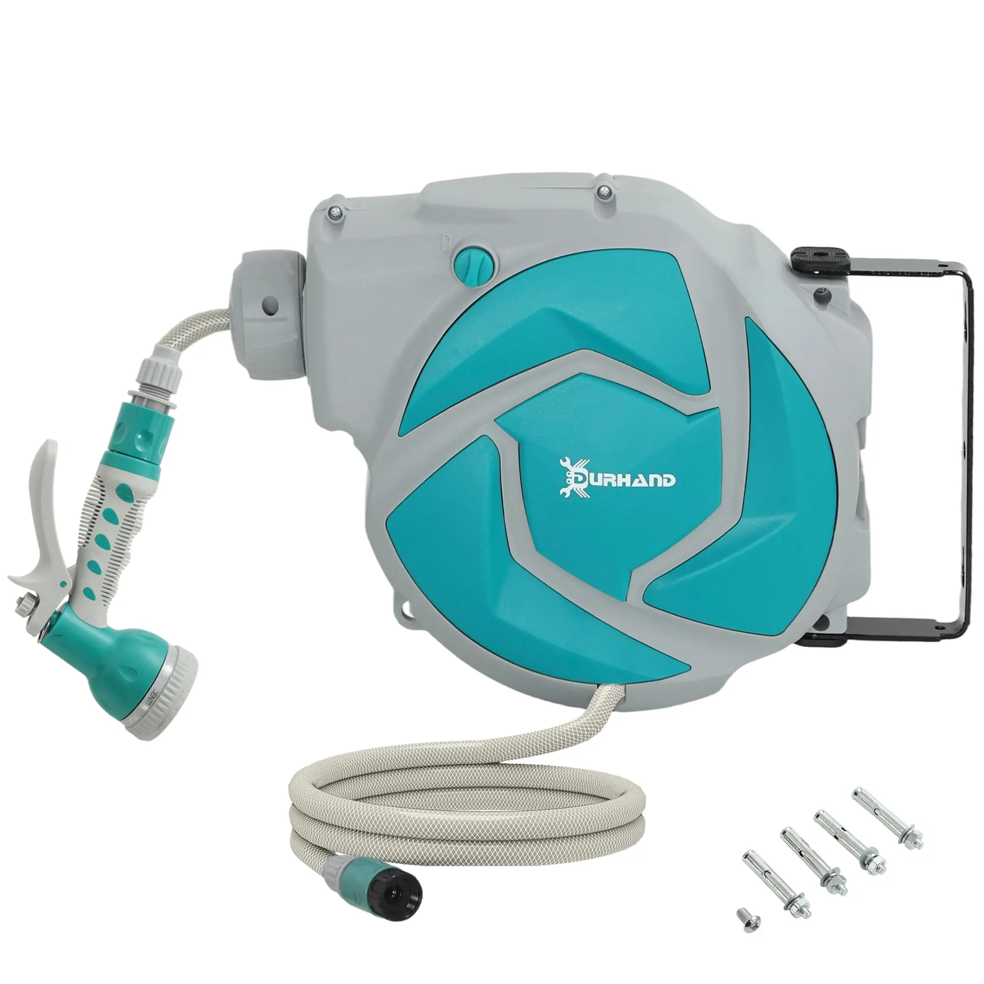 Retractable Garden Hose Reel 32.8 ft with 7-Function Nozzle, 180° Wall-Mount Swivel, Auto-Retract — Light Gray & Green
