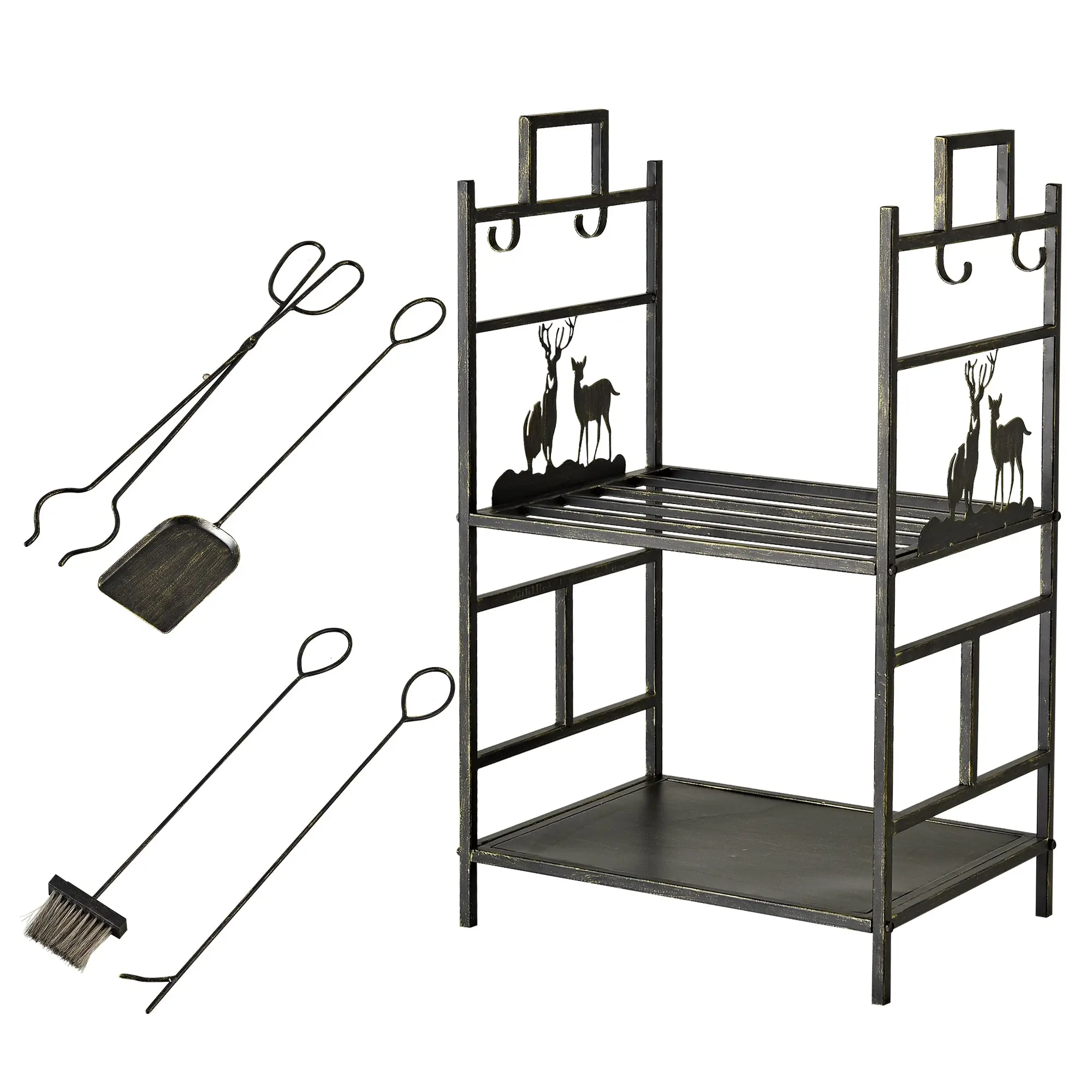 Firewood Stand with Fireplace Tool Set, Firewood Rack Log Storage Fireplace Tool Iron Black+Gold 51.5x33x77 cm