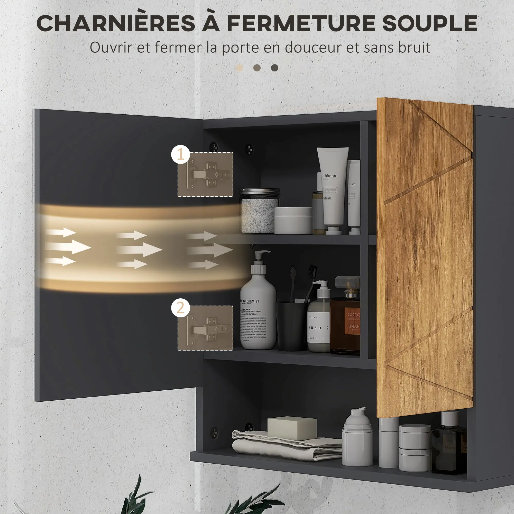 Wall-Mounted Bathroom Mirror Cabinet Storage Cupboard with Adjustable Shelves Contemporary Design 55 x 17 x 55 cm Natural Dark Gray
