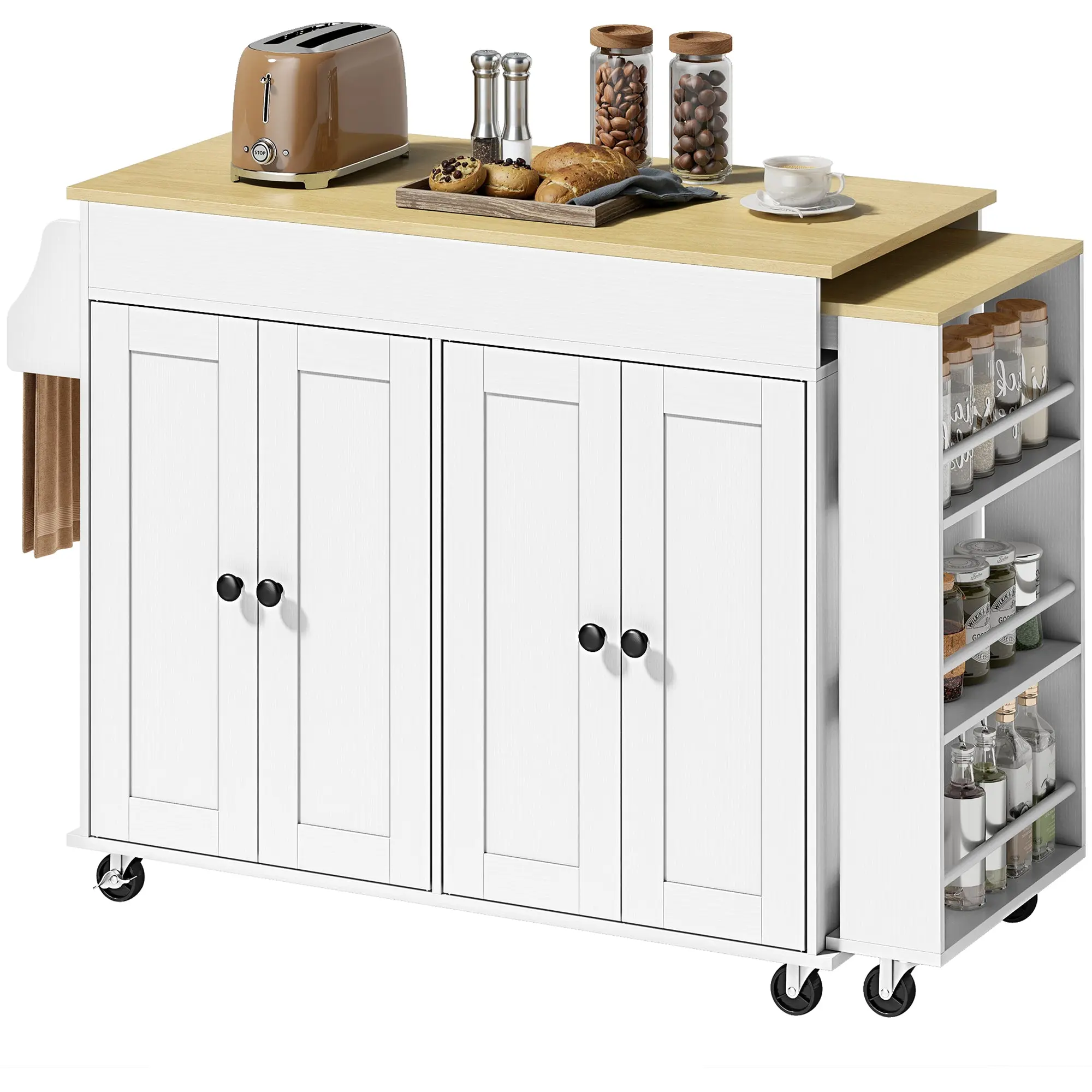Kitchen Island on Wheels with Extendable Countertop, 4-Door Cart, Adjustable Shelves, Open Side Shelf, Spice Rack & Towel Holder, White