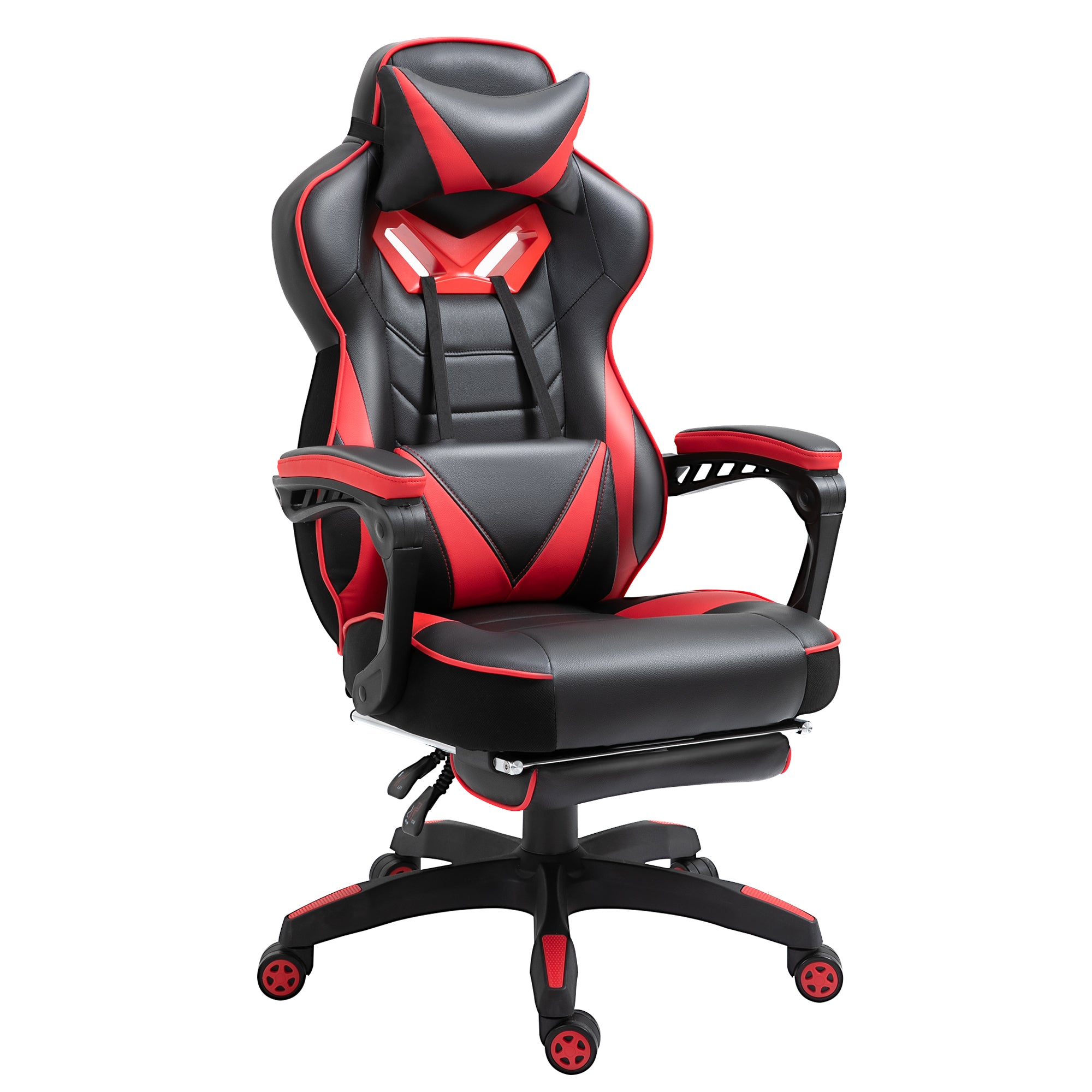 Vinsetto Ergonomesch Bürostuhl, Gaming Stull, Schwéierstuhl mat ondréigbarem Fouss-Relaxer an ajustéierbarem Réckmoos+PU Lieder+Metall, Schwaarz+Rouge, 65 x 70 x 118.5-128.5 cm