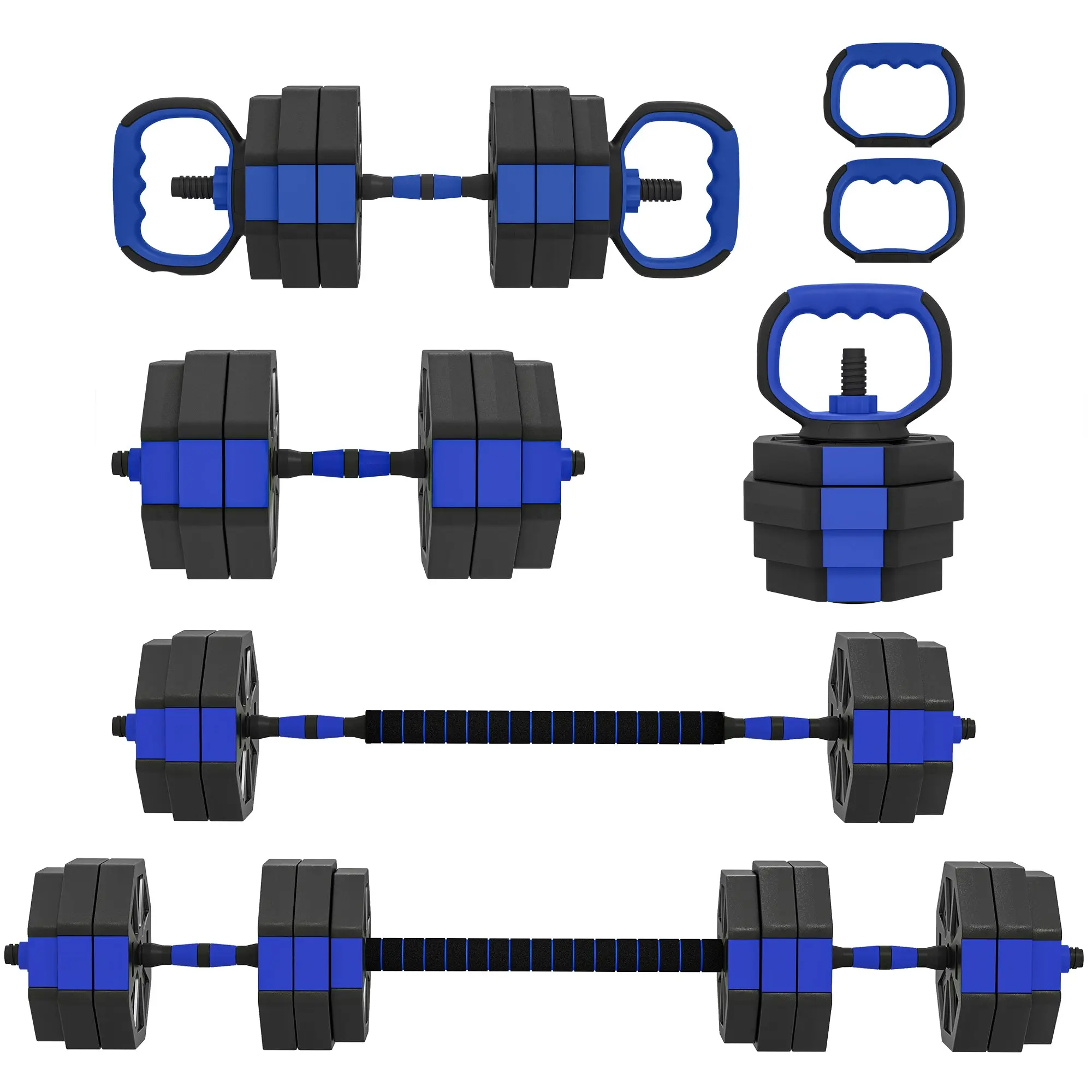 SPORTNOW 6-in-1 Adjustable Weight Set 30 kg (66 lb) — Non-Slip Dumbbells, Kettlebell, Barbell & Push-Up Handles for Home Fitness, Blue/Black