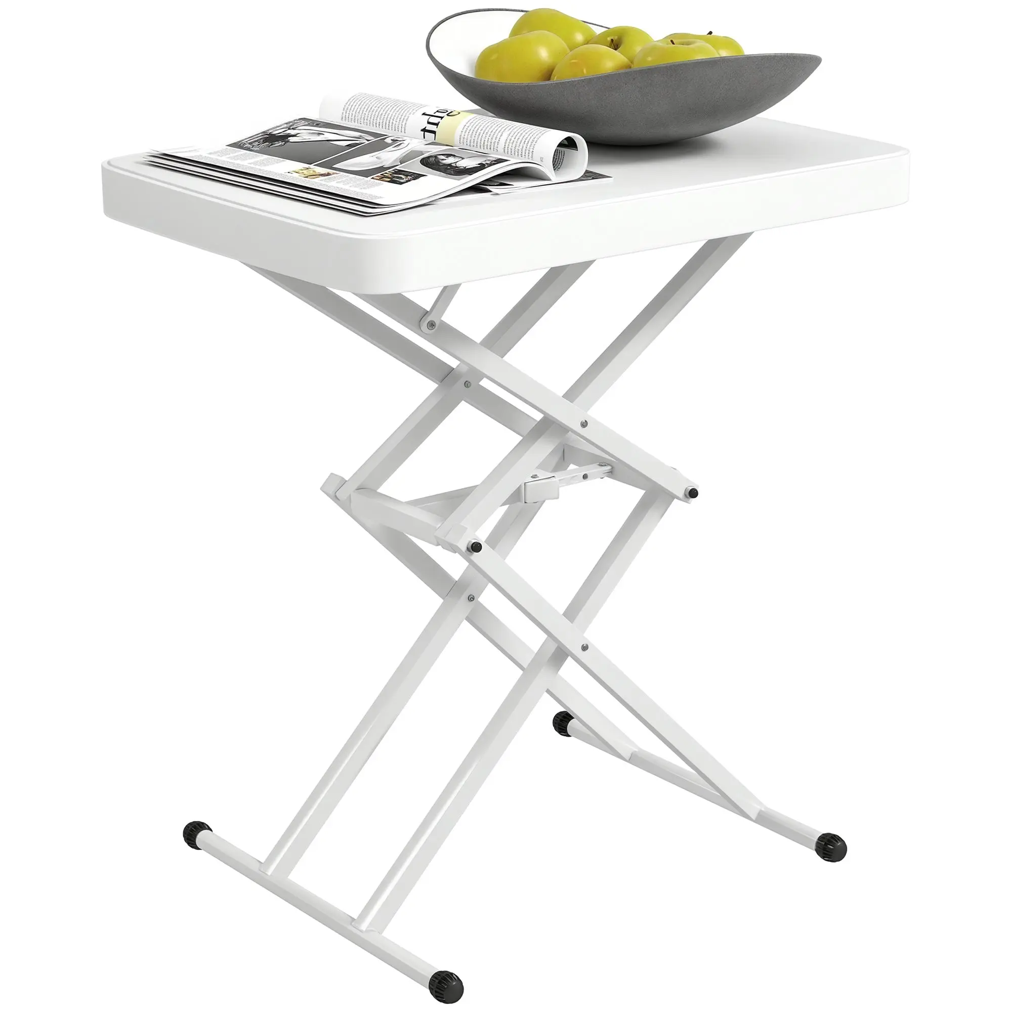 Height-Adjustable Folding Garden Side Table, Plastic Rectangular Patio Table 50kg Capacity, 65x45x70H cm Coffee Table for Outdoor Indoor Balcony Terrace White