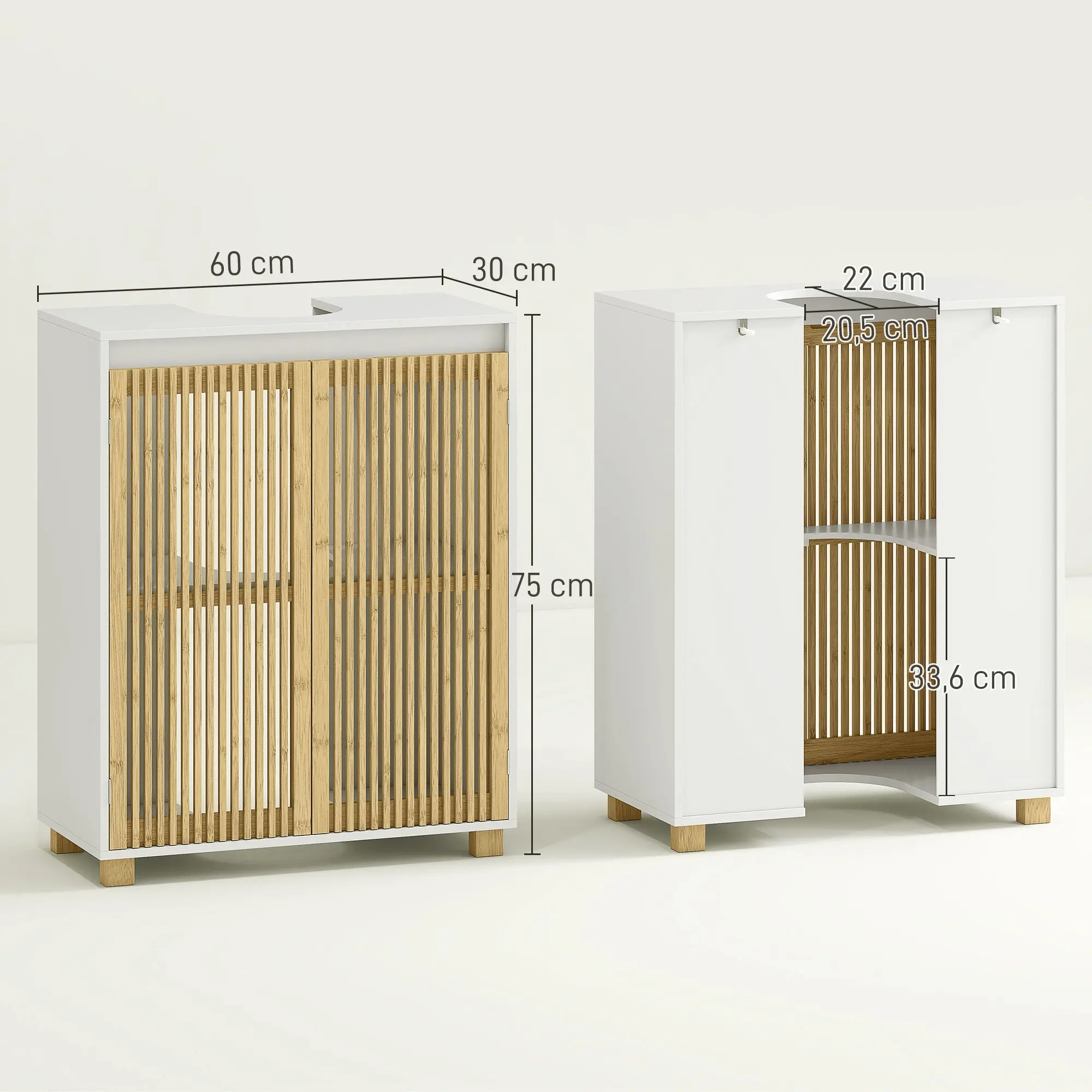 Under Sink Bathroom Cabinet Storage Unit for Pedestal Sink - Bamboo Slatted Door Cupboard, 60 x 30 x 75 cm, Natural Wood Effect