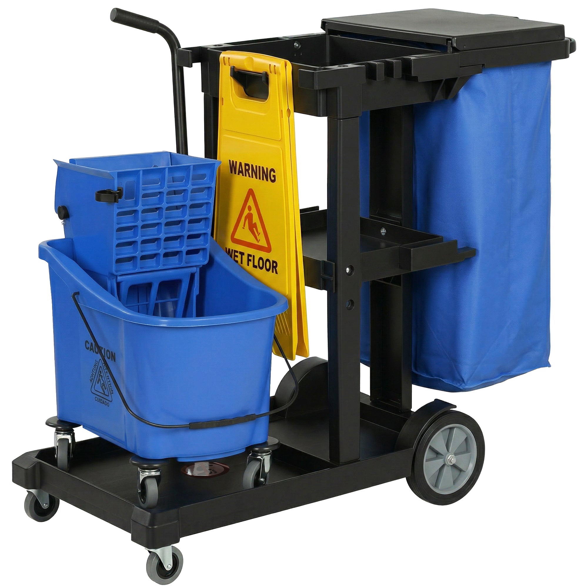 HOMCOM Botz-Trolley mat 3 Niveauen, 70 l Dreckssäck mam Deckel, Rollen, Eemer mat Ausdrécker, Tool-Halterungen & Schild ‚Naasser Buedem‘ — 122 x 46,5 x 101 cm (48 x 18,3 x 39,8 in)