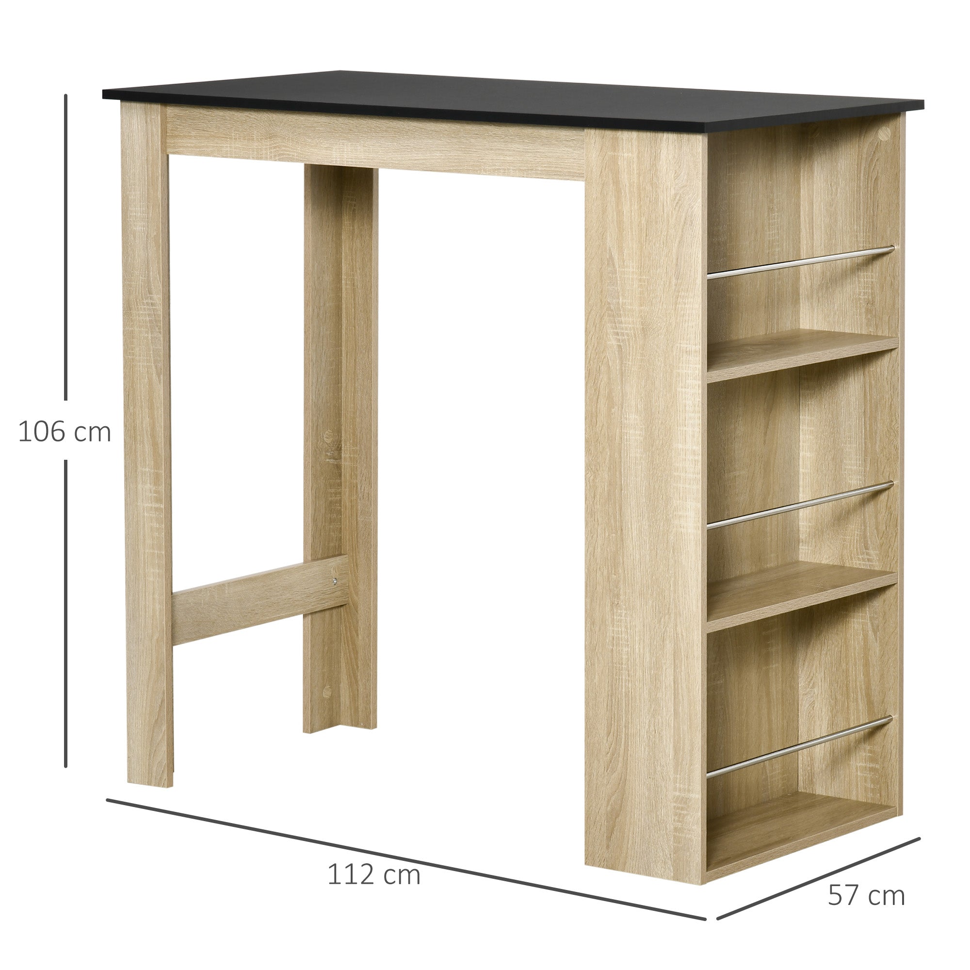 HOMCOM Héich Bar Eetisch Küchentisch - Gréisst 112L x 57B x 106H cm - 3 Regaler - helle Eiche-schwaarz Fäishung