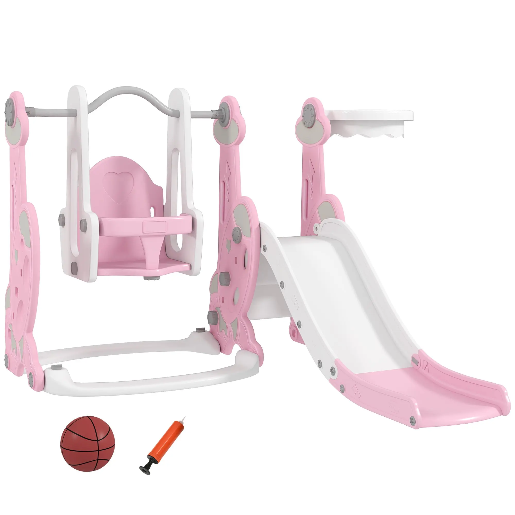 Kids Slide 4 in 1 Children's Playground with Swing and Slide Climber Basketball Hoop Rocket Theme for Indoor Play Pink and White