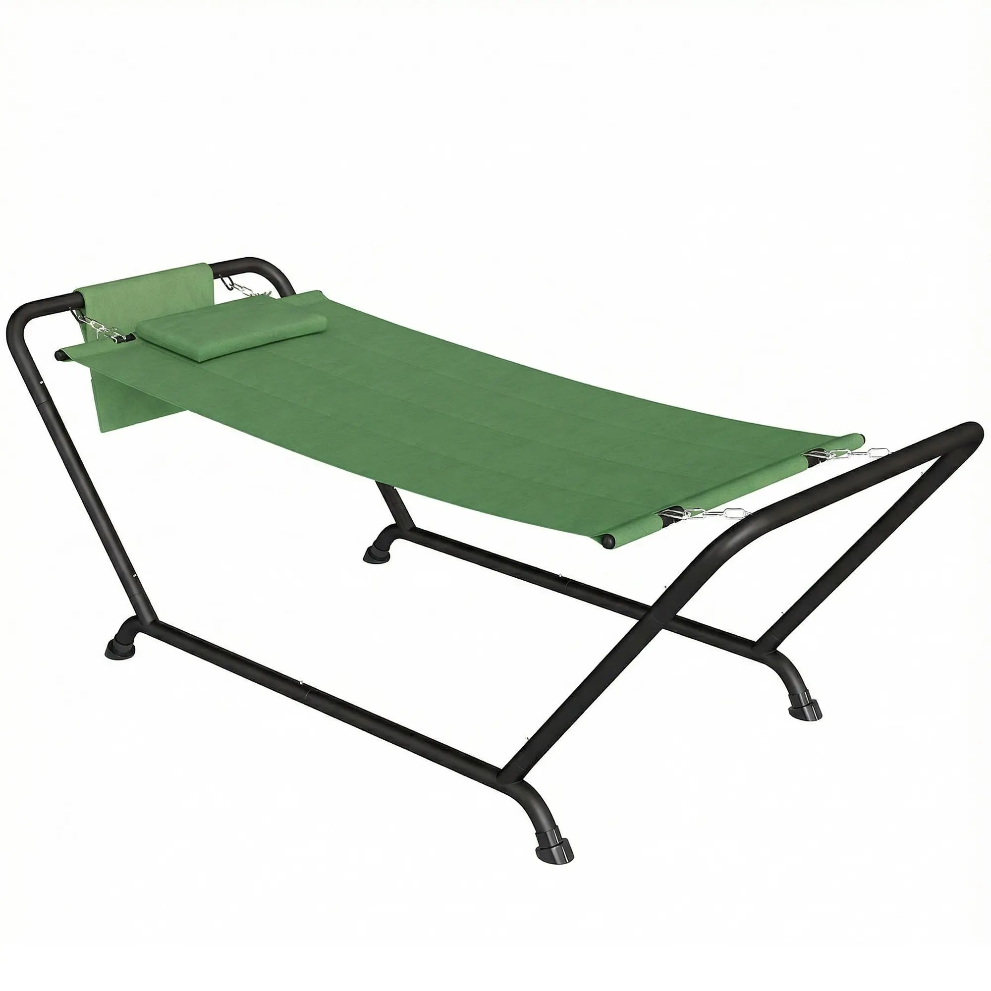 Outdoor Hammock with Stand — Freestanding Hammock with Side Pocket, Detachable Headrest & Powder-Coated Metal Frame, 331 lb Capacity for Garden, Balcony, Porch, 93.3 x 35.4 x 36.2 in, Dark Green