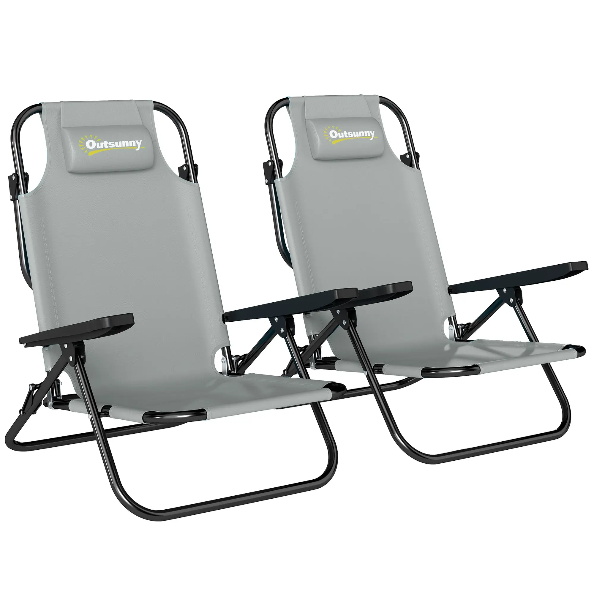 2-Pack Folding Beach/Camping Chairs — 5-Position Adjustable Backrest, Headrest & Armrests, Light Gray