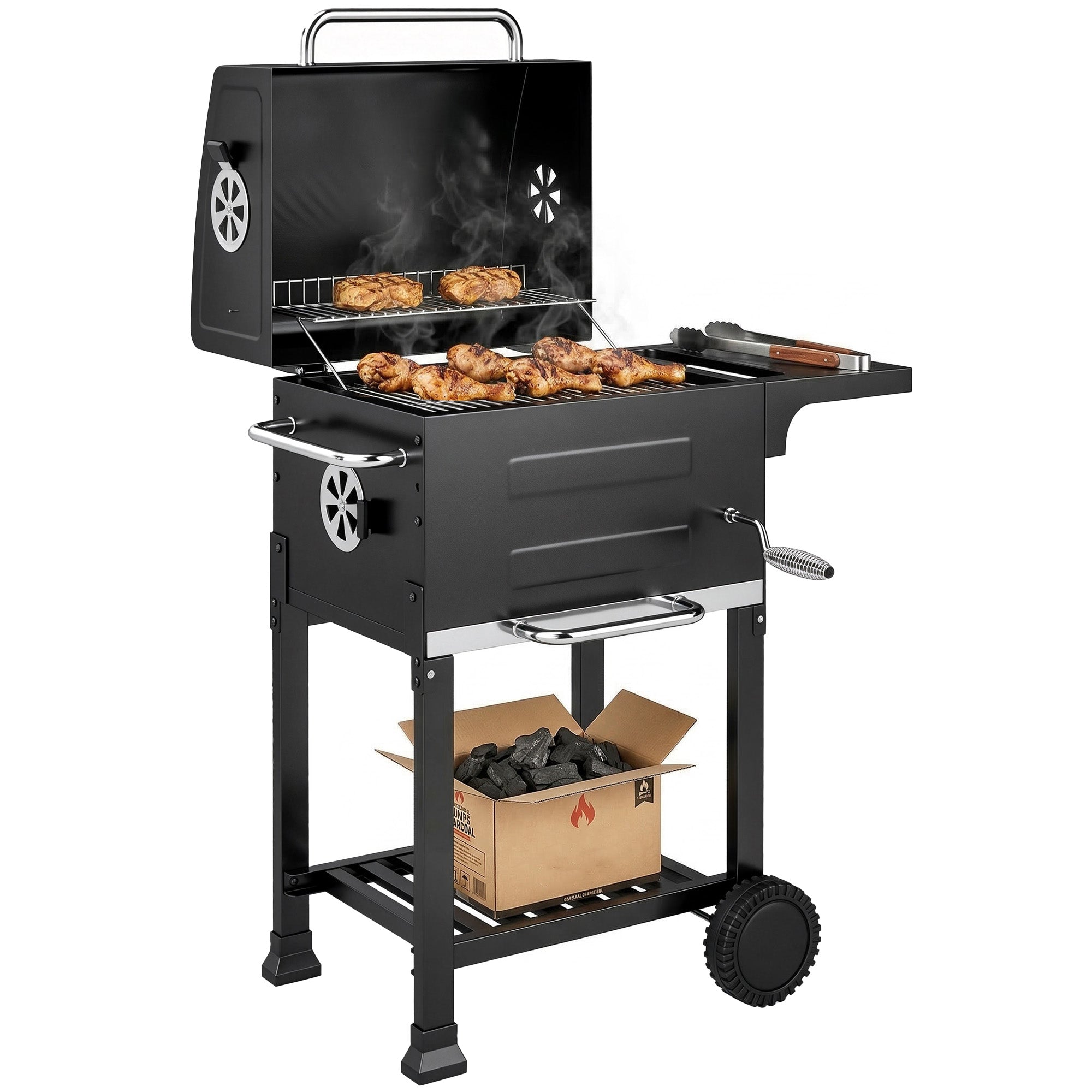 Portable Charcoal Barrel Grill with Thermometer, Adjustable Vents, Stainless Steel Grates, Side Shelf & Wheels, Black