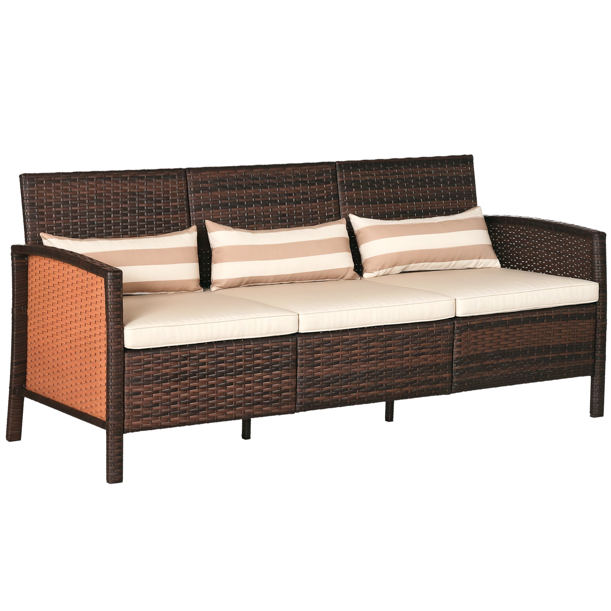 Rattan Sofa with Cushions, Three Seater, Garden Lounge Sofa, Steel, Brown, 173 x 68 x 78 cm