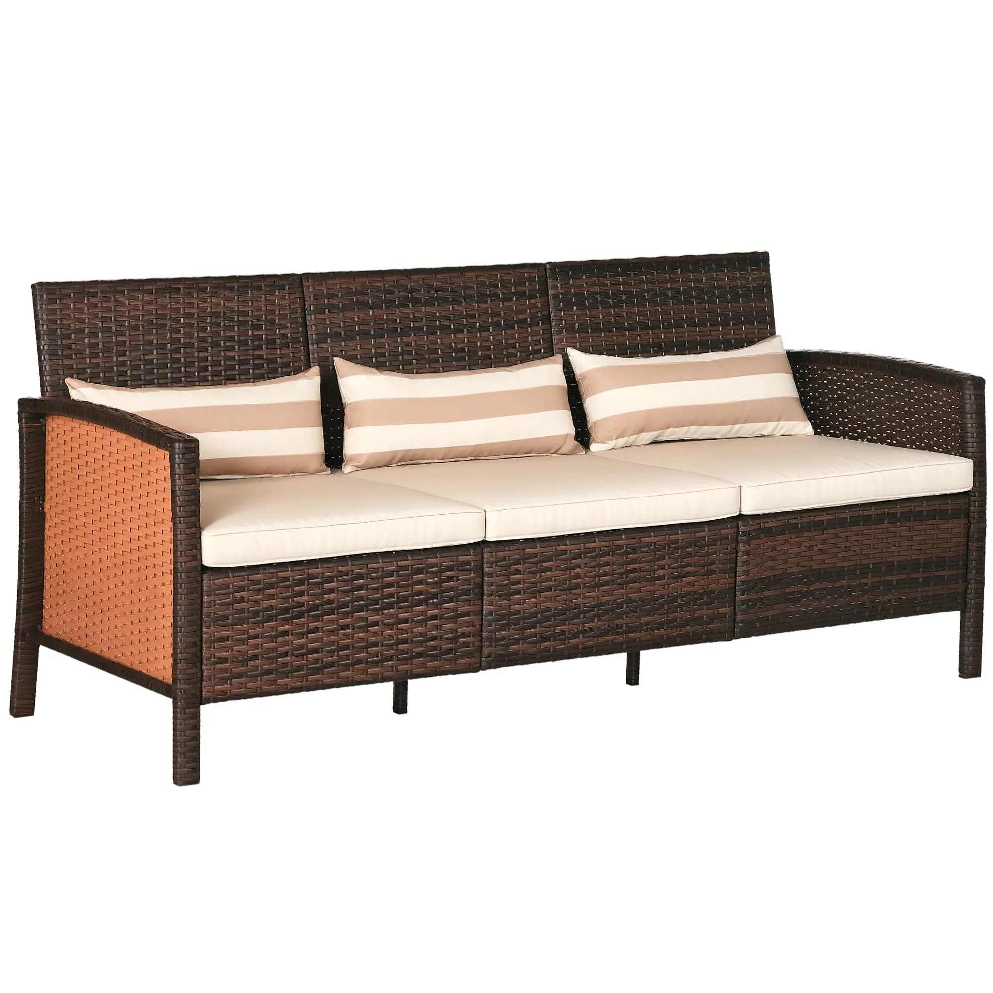Rattan Sofa with Cushions, Three Seater, Garden Lounge Sofa, Steel, Brown, 173 x 68 x 78 cm