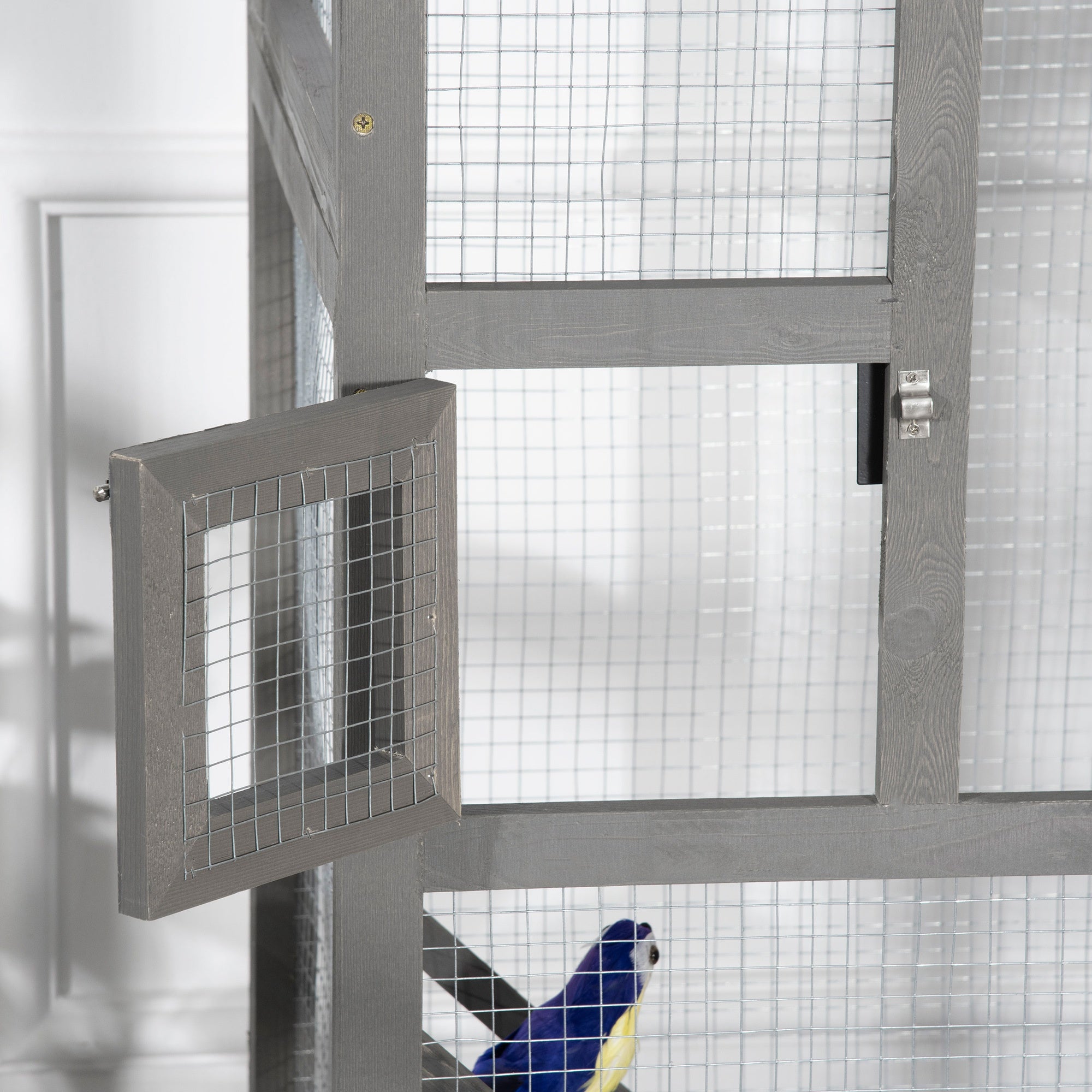 Large Solid Wood Bird Cage Aviary with 2 Doors Asphalt Roof Removable Tray - 68 x 63 x 165 cm Gray
