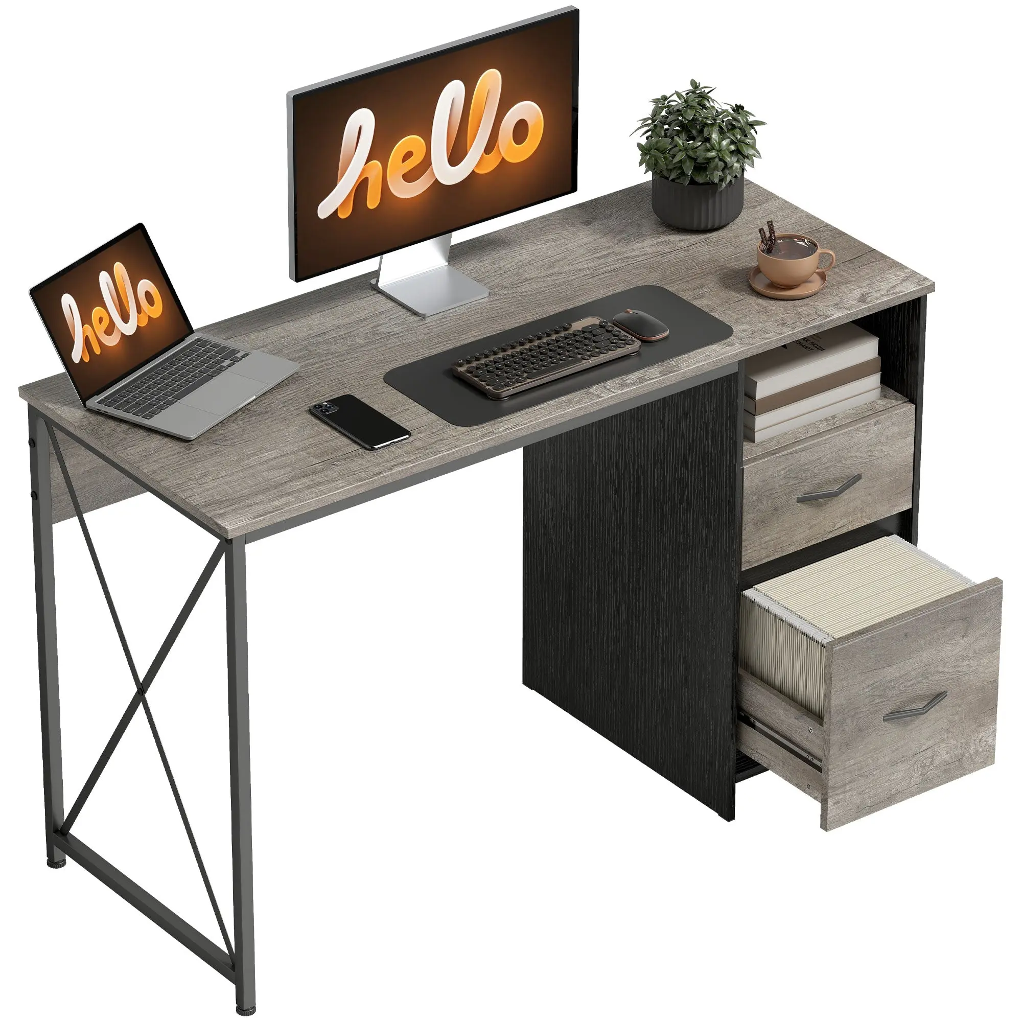 Computer Desk, 47.2 x 19.7 in, Industrial-Style Desk with Open Shelf & 2 Drawers, Fits A4/Letter/Legal, Light Gray
