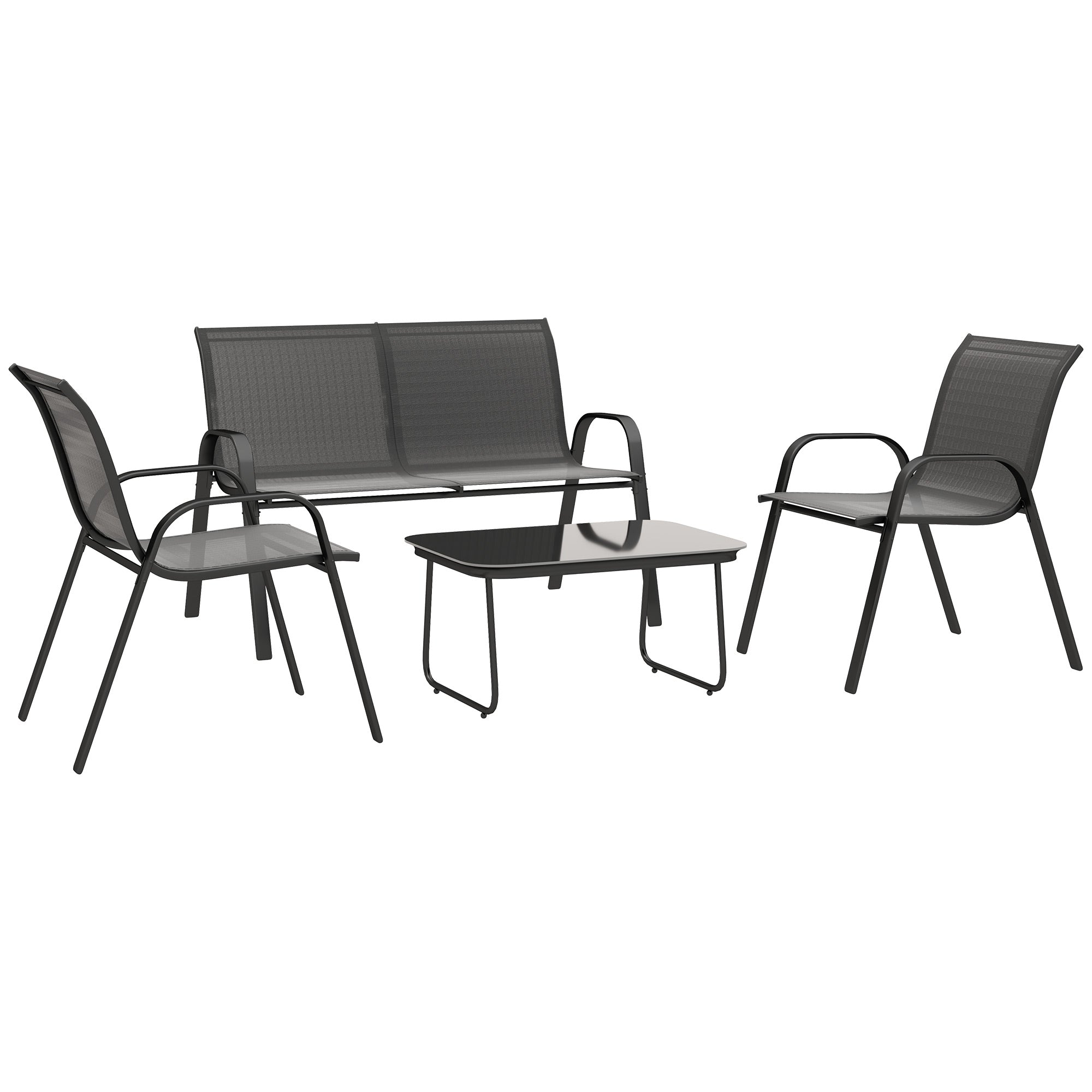 Outsunny 4-teiliges Gartenmöbel Set mit 2 stapelbaren Stühlen, 2-Sitzer Sofa und Kaffeetisch mit schwarzer Sicherheitsglasplatte