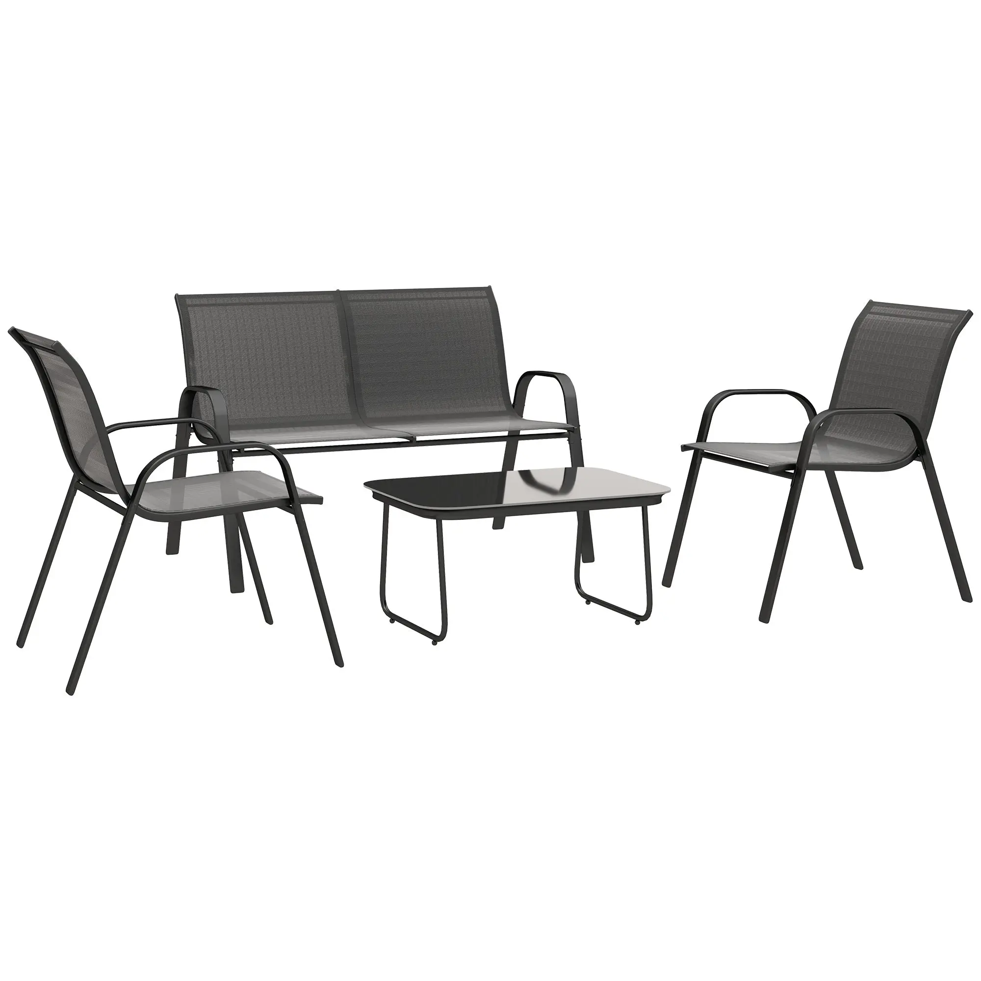 4-Piece Outdoor Garden Set with 2 Stackable Chairs, 2-Seater Sofa, and Coffee Table with Black Tempered Glass Top
