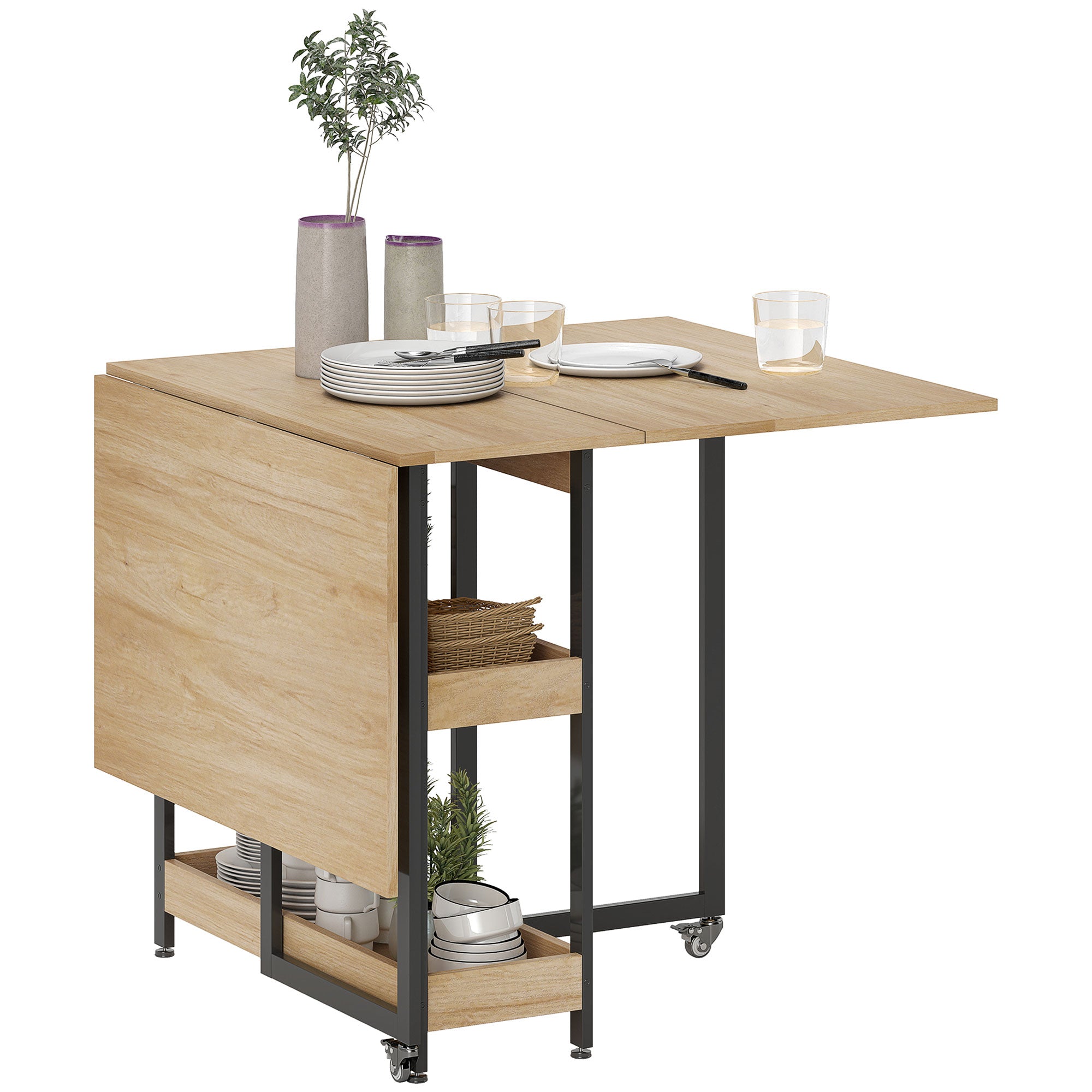 HOMCOM Folding Dining Table with Storage, Drop Leaf Kitchen Table for 2–4 People with 2 Open Shelves and Lockable Wheels, Oak