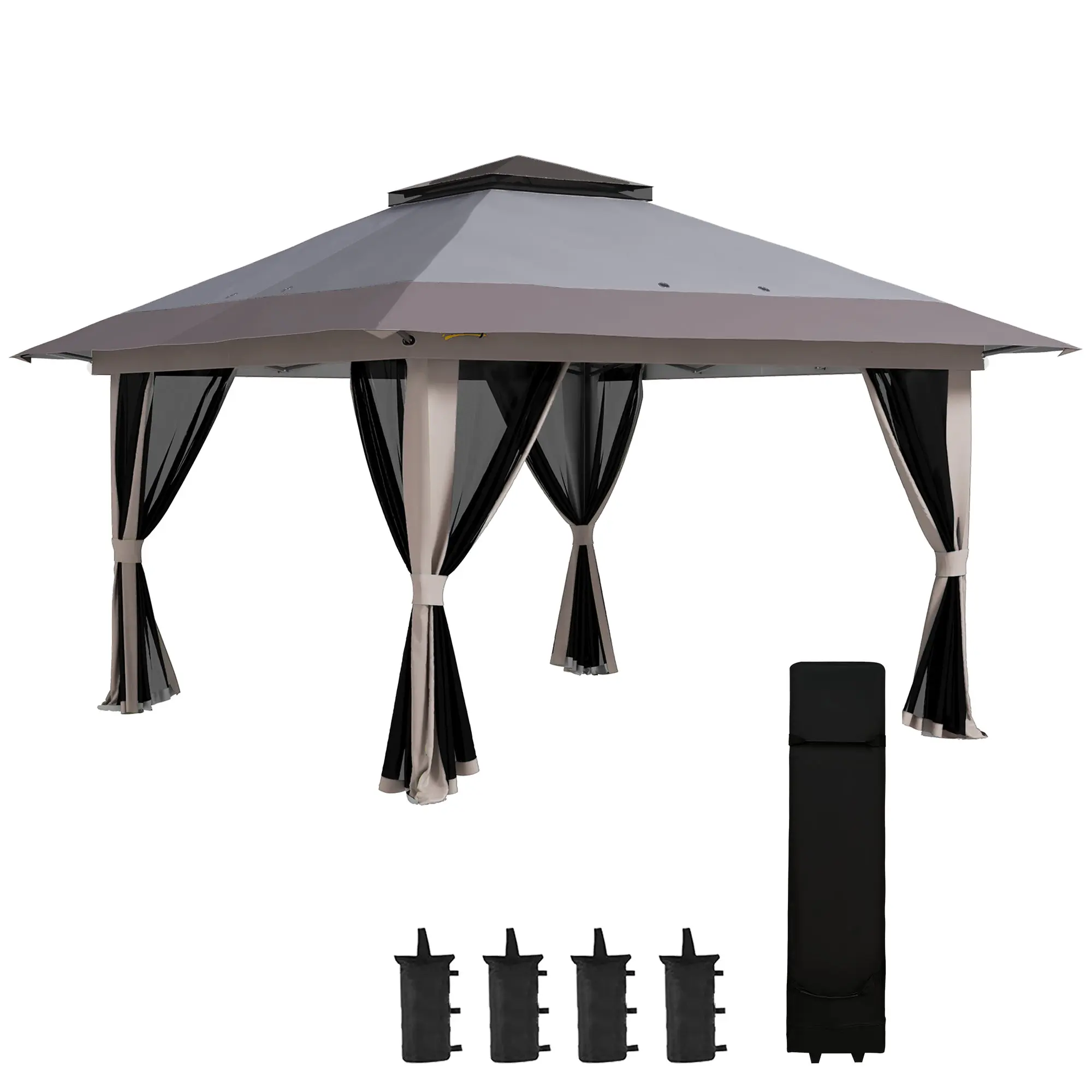 13' x 13' Pop-Up Folding Gazebo with Walls, Adjustable Height, UV & Water-Resistant Double Roof, Mesh Panels and Wheeled Carry Bag — Light Gray