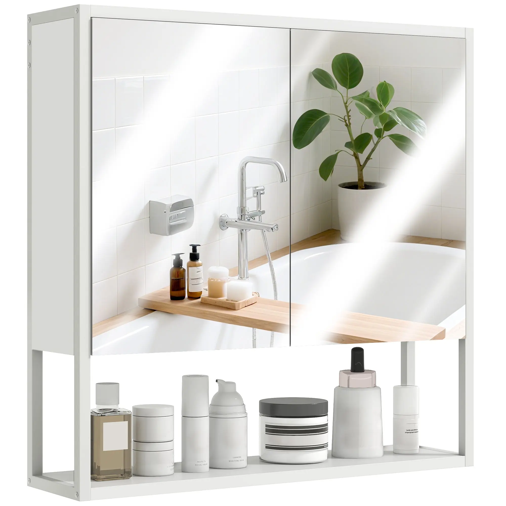 Mirrored Wall Bathroom Cabinet, 60 x 16 x 60 cm (23.6 x 6.3 x 23.6 in) — 2 Mirrored Doors, Adjustable Interior Shelf & Open Shelf, White