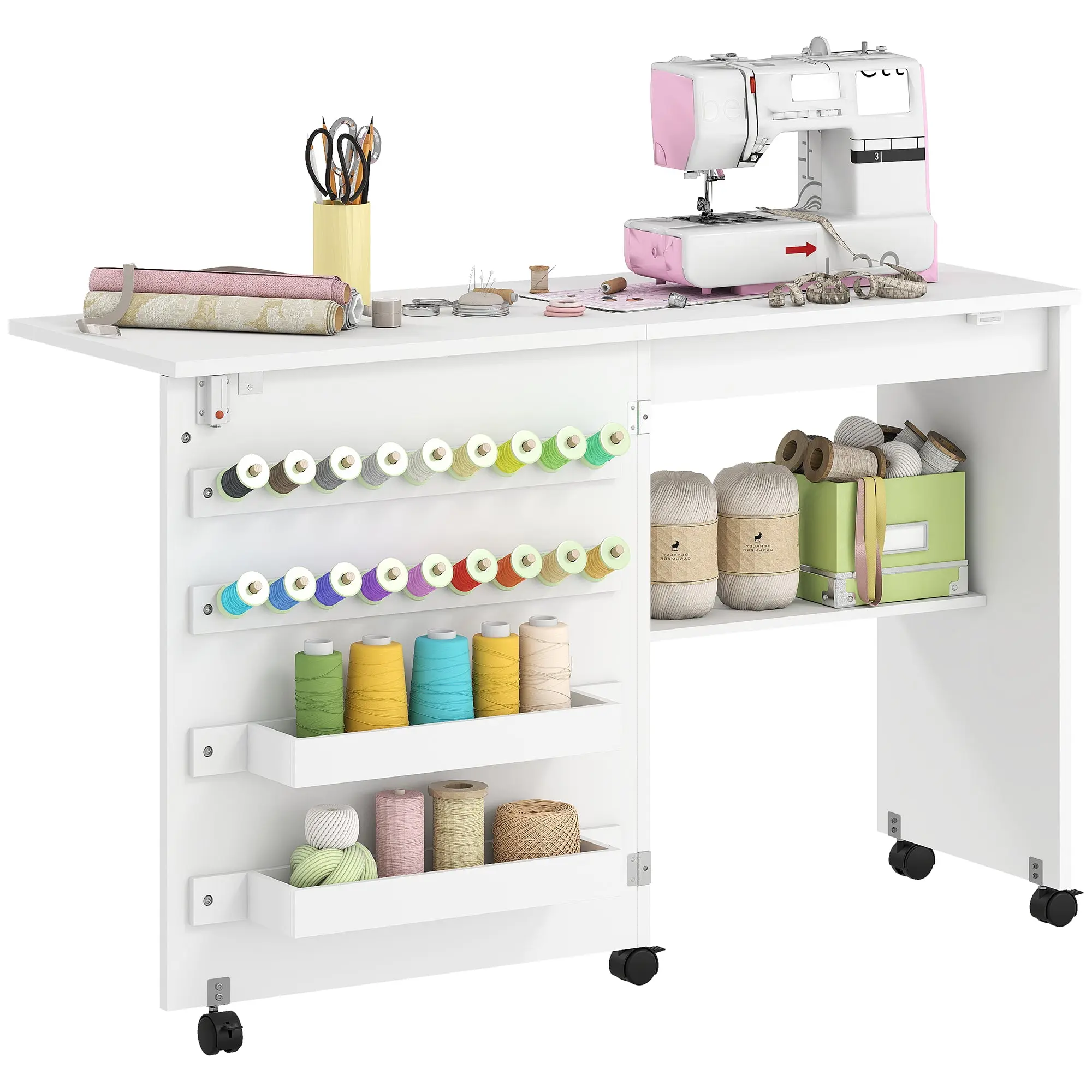 Foldable Sewing Table with Magnetic Door, 18 Spool Holders, Lower Shelf & 5 Casters, White
