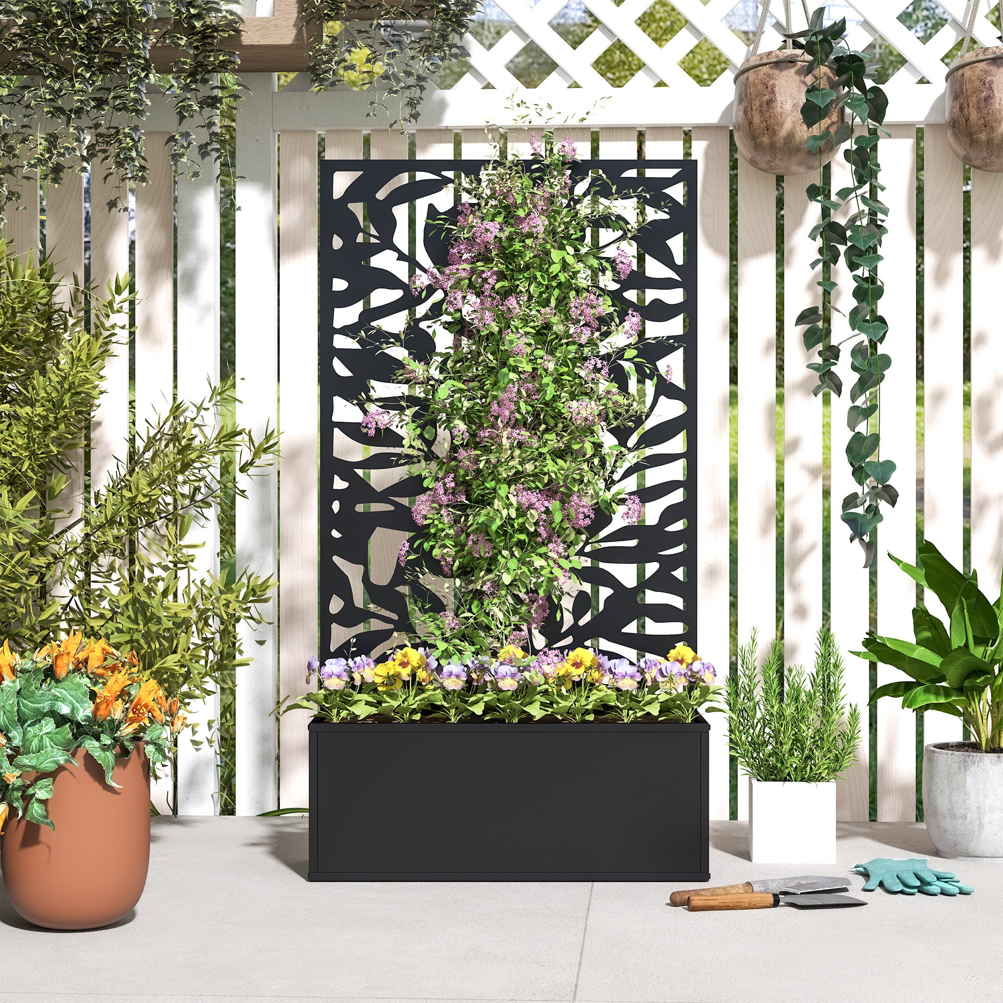 Planter with Trellis, Privacy Screen, Outdoor Metal Planter on Legs or Wall-Mounted, Full Leaf Patterns, Rectangular Flower Box for Balcony Garden Patio, 61x23x113 cm, Black