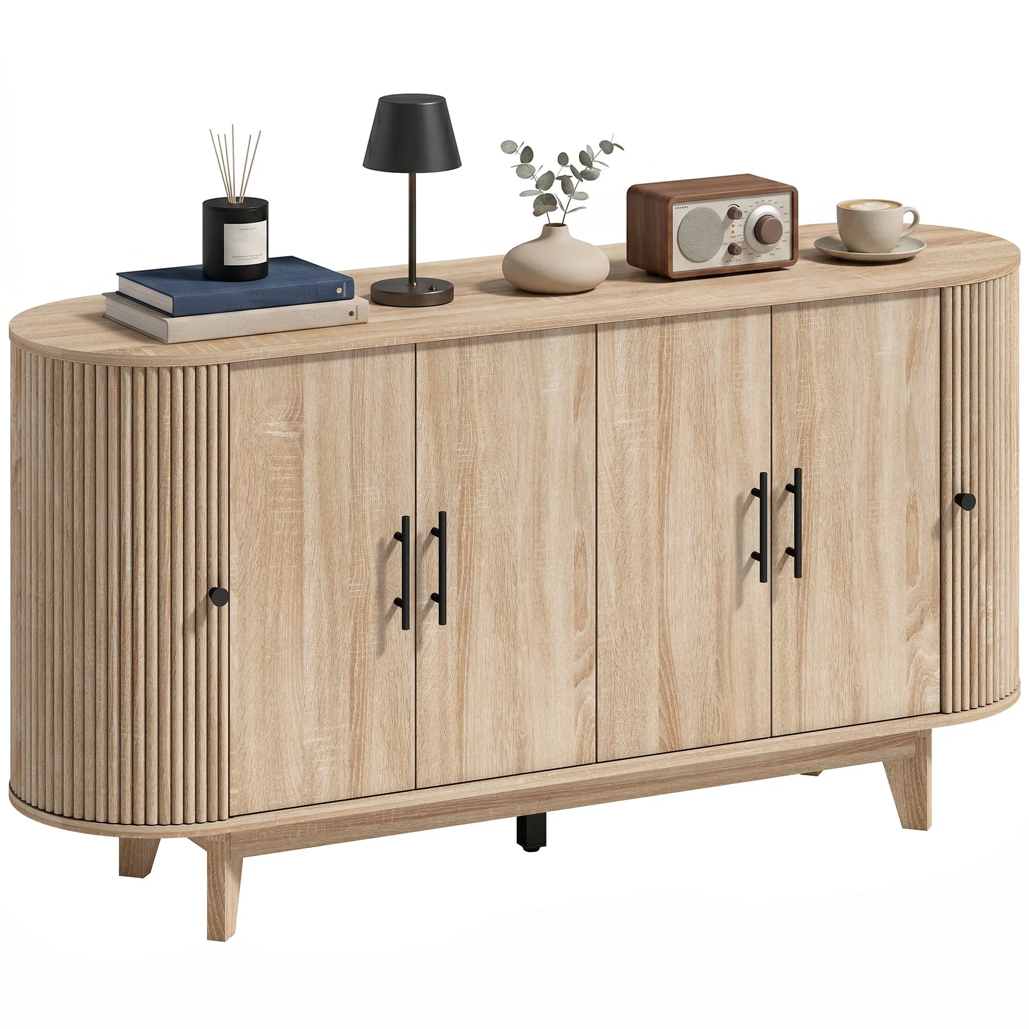 Oval Oak-Effect Sideboard with 4 Doors & 2 Adjustable Shelves – TV Stand up to 65-inch (147 x 40 x 76 cm / 57.9 x 15.7 x 29.9 in)
