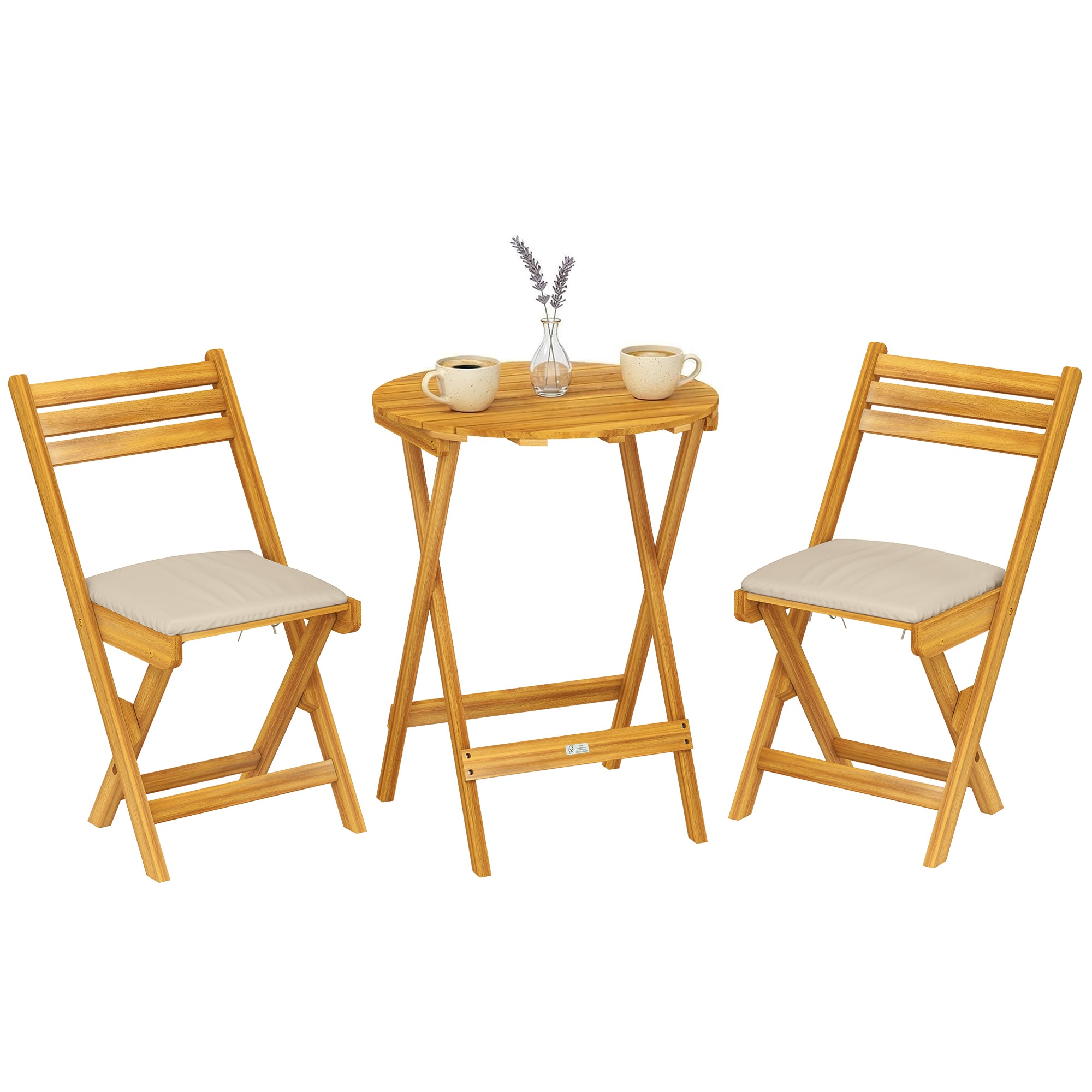 Outsunny 3‑teiliges klappbares Balkon‑Set – runder Tisch und 2 Stühle aus FSC‑zertifiziertem Akazienholz mit atmungsaktiven Latten­sitzen und Polstern, Naturholz