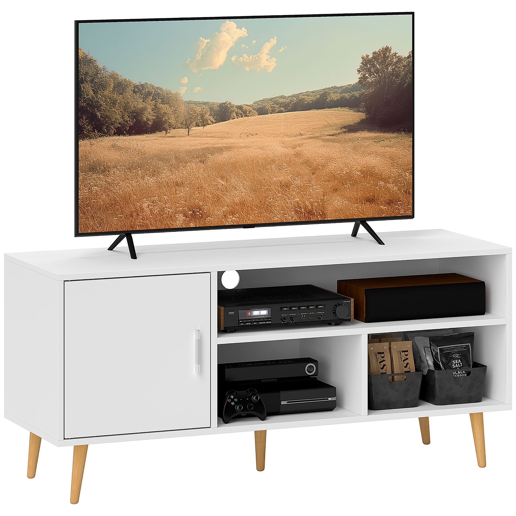 HOMCOM TV Állvány 60"-ig: Modern TV Asztal 1 Szekrénnyel és 3 Nyitott Rekesszel 120x40x55 cm Fehér