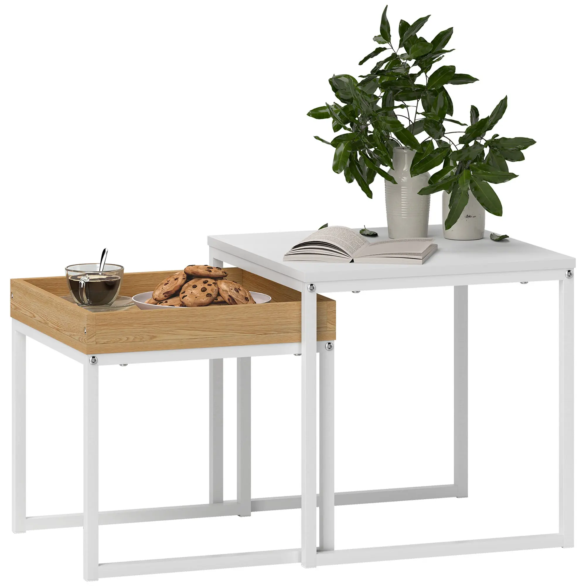 2-Piece Coffee Table Set, Square Side Table, Coffee Table with Steel Frame, Sofa Table in Modern Design, for Living Room, up to 30 kg Load Capacity, White+Oak