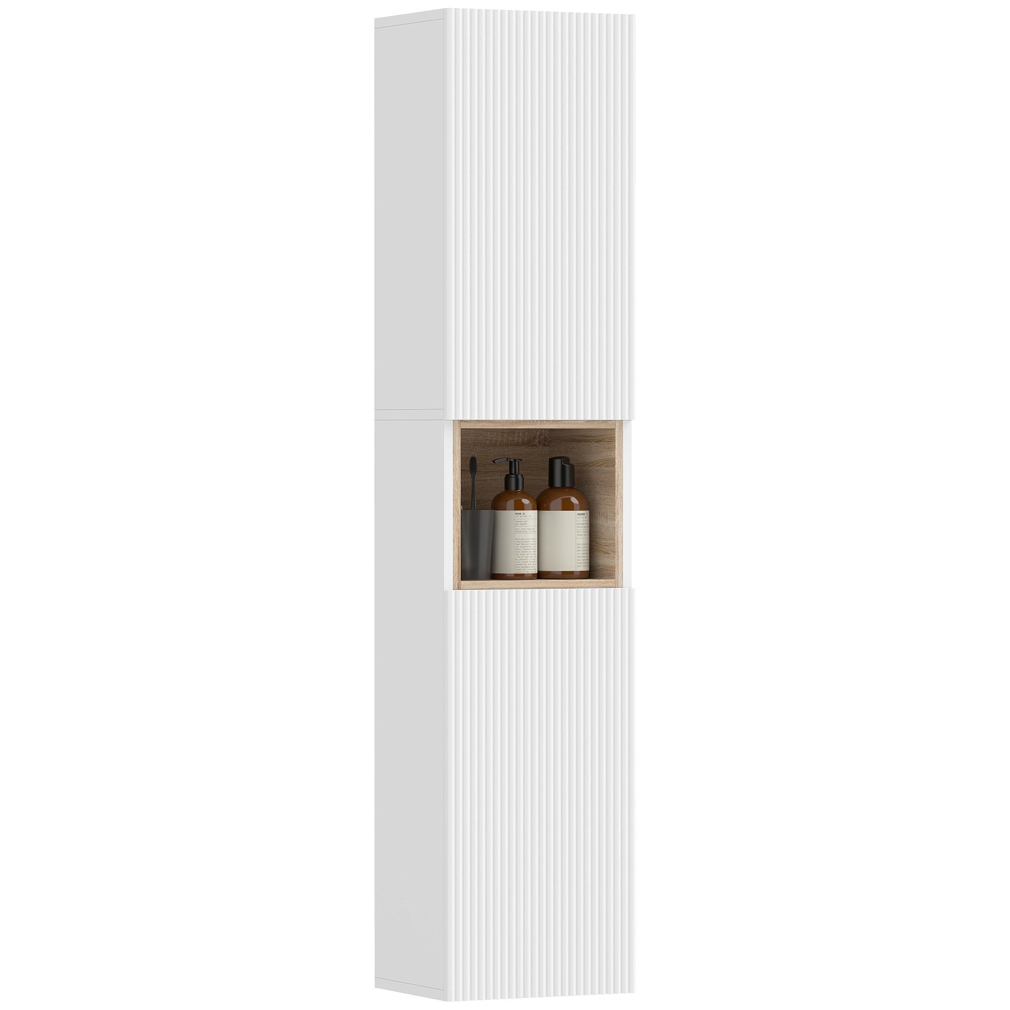 HOMCOM úzká vysoká koupelnová skříňka — 2 žeberná dvířka s tlumeným dovíráním, otevřená police a nastavitelné police, 30 x 24 x 140 cm, bílá
