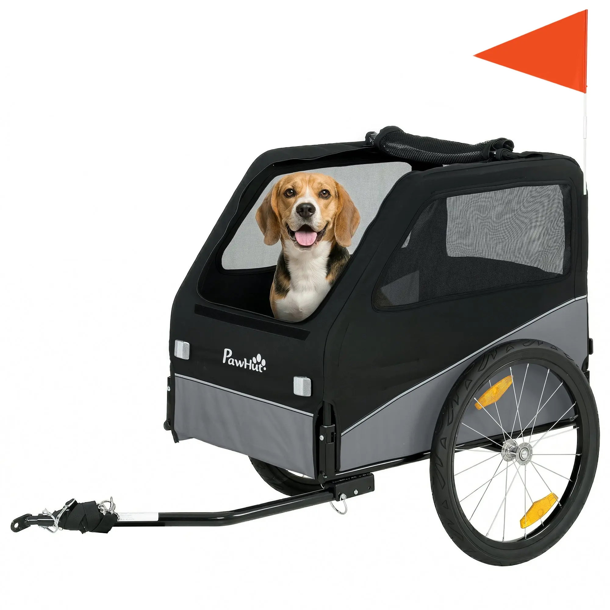 Dog Bike Trailer with 20" Quick-Release Rubber Tires, Medium Dog Wagon with Universal Hitch, Reflectors, Flag, Leash, 44 lb Capacity, Gray & Black